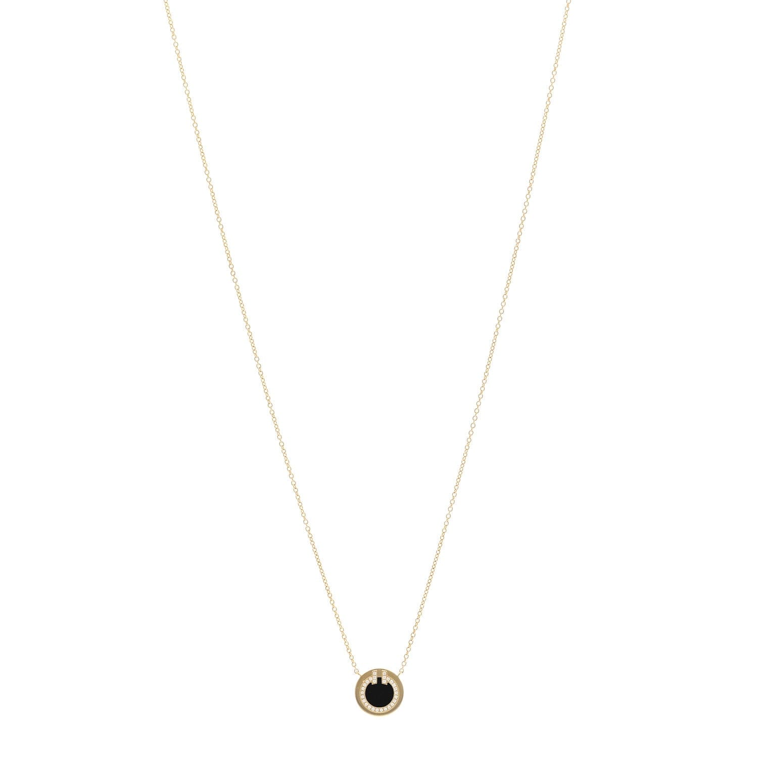 Tiffany 18K Yellow Gold Diamond Black Onyx Small T Circle Pendant Necklace