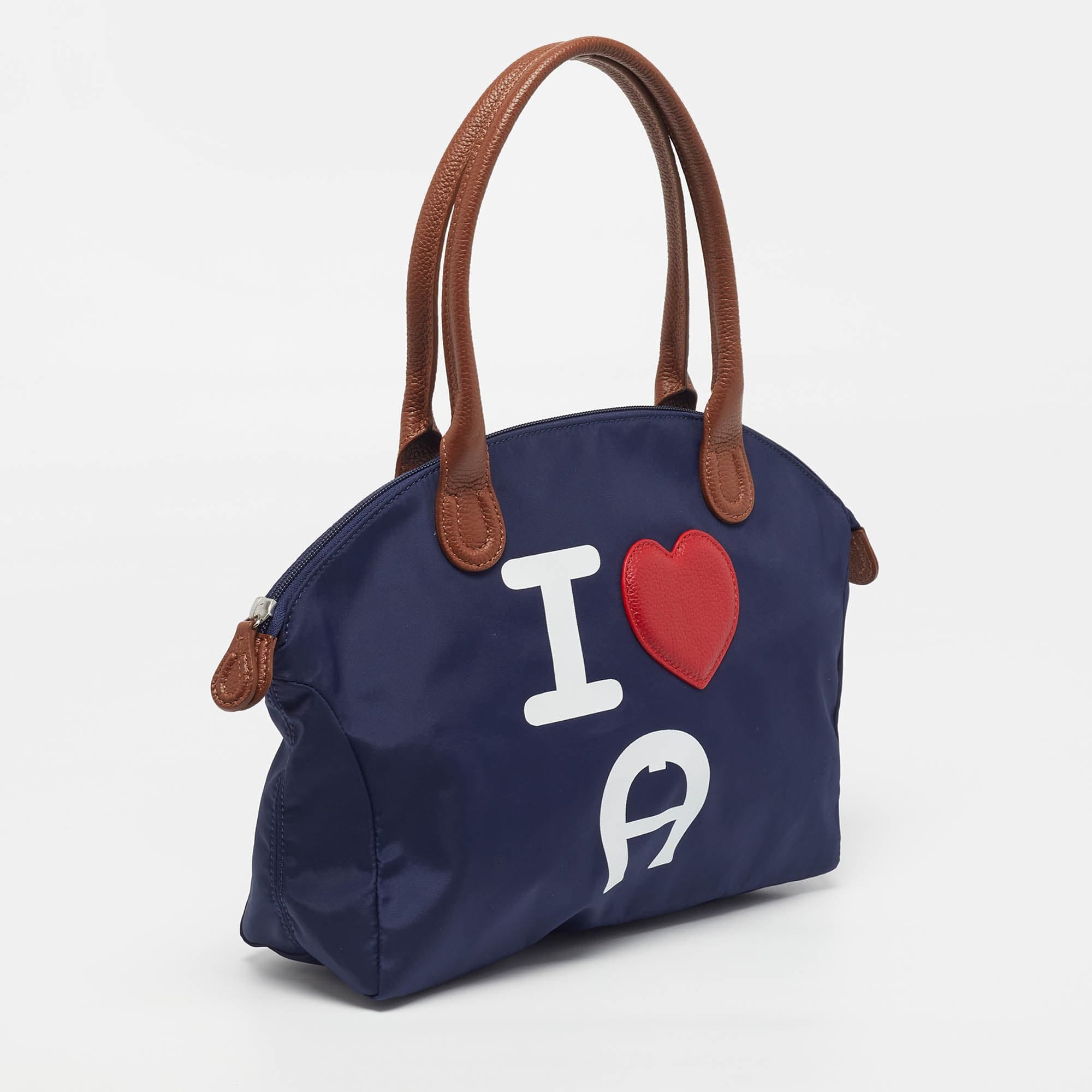 Aigner I Love A Blue/brown Nylon Zip Satchel