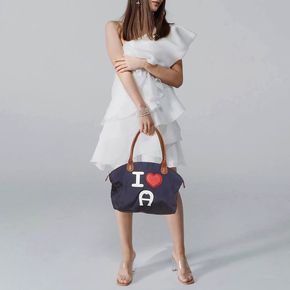 Aigner I Love A Blue/brown Nylon Zip Satchel