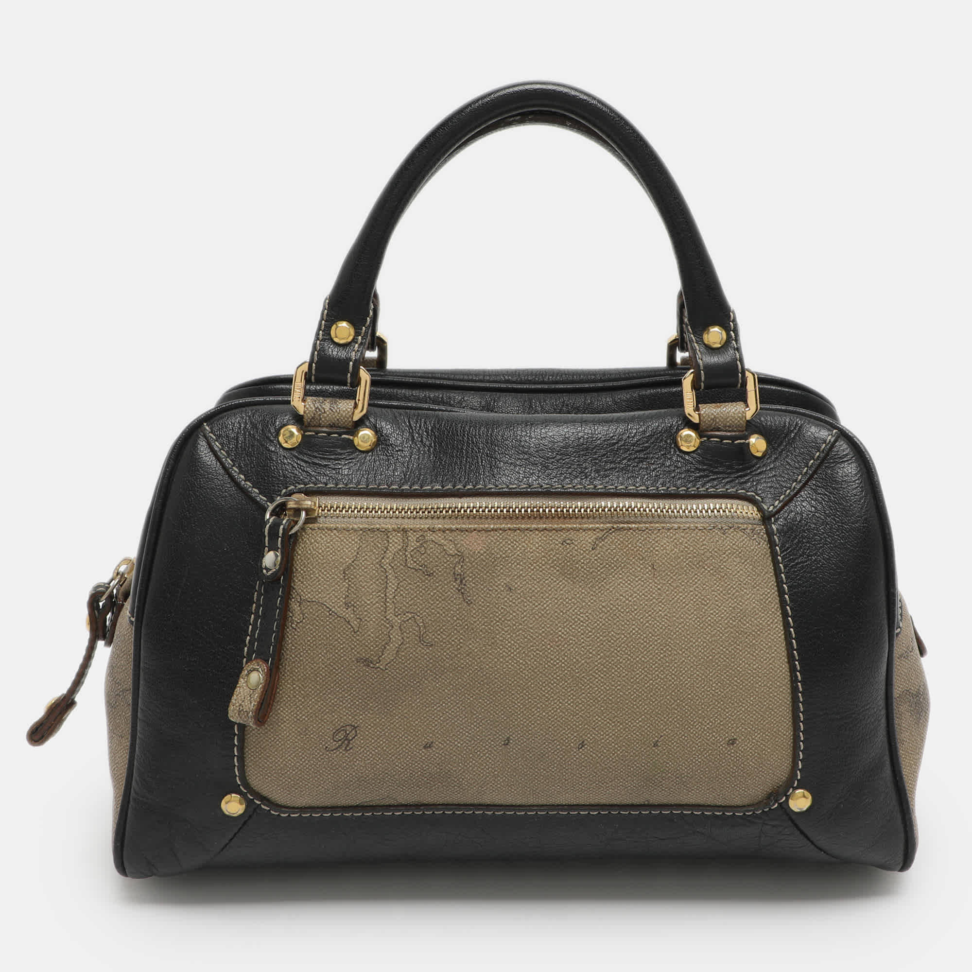 Alviero Martini 1A Classe Beige/black Geo Print Coated Canvas And Leather Satchel