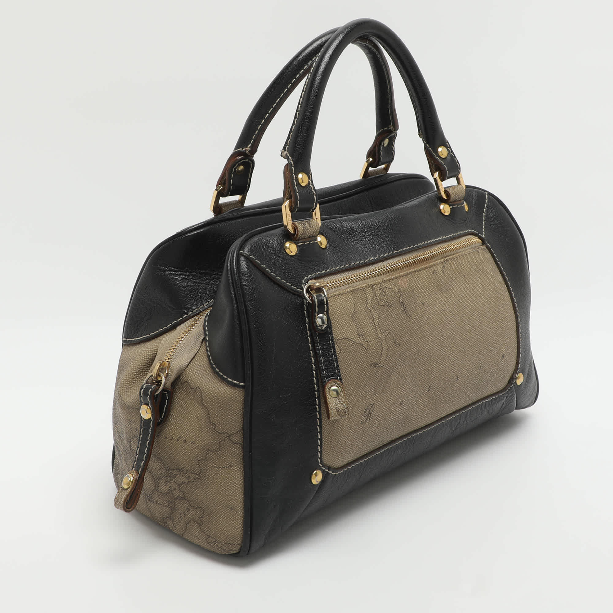 Alviero Martini 1A Classe Beige/black Geo Print Coated Canvas And Leather Satchel