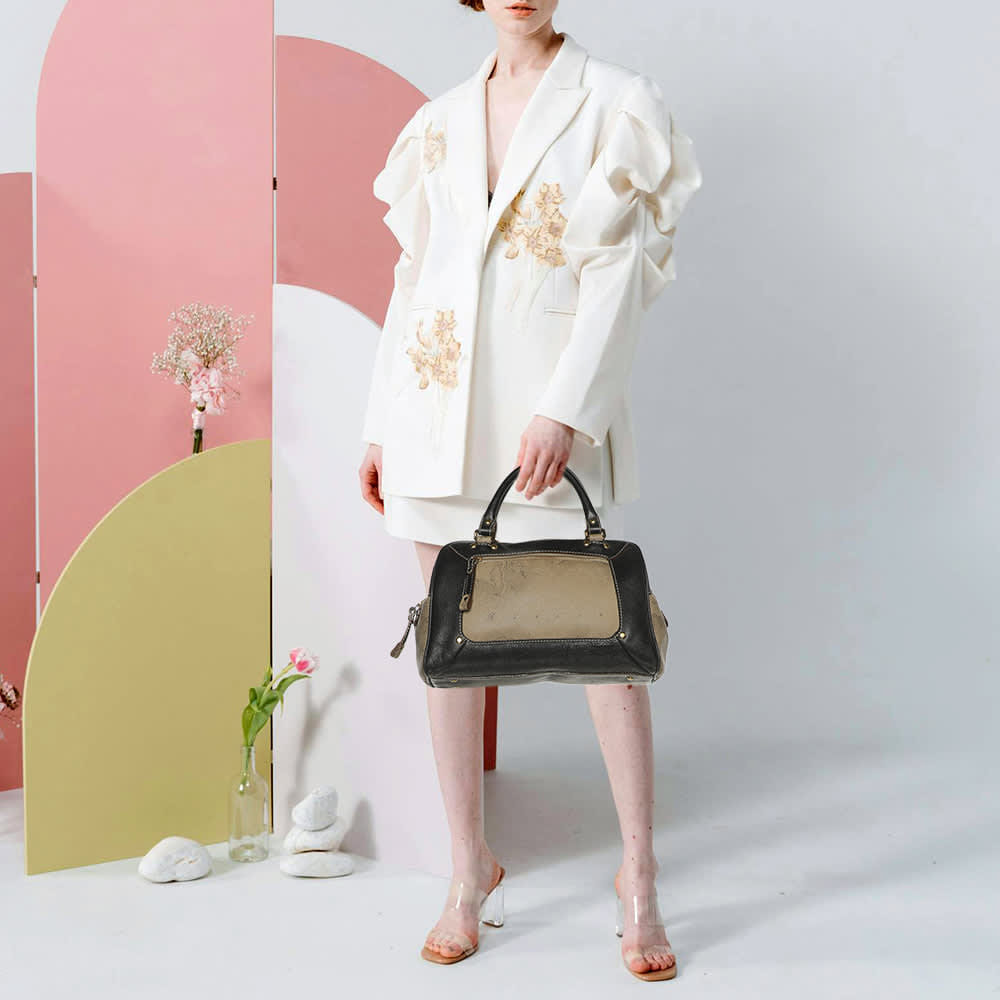 Alviero Martini 1A Classe Beige/black Geo Print Coated Canvas And Leather Satchel