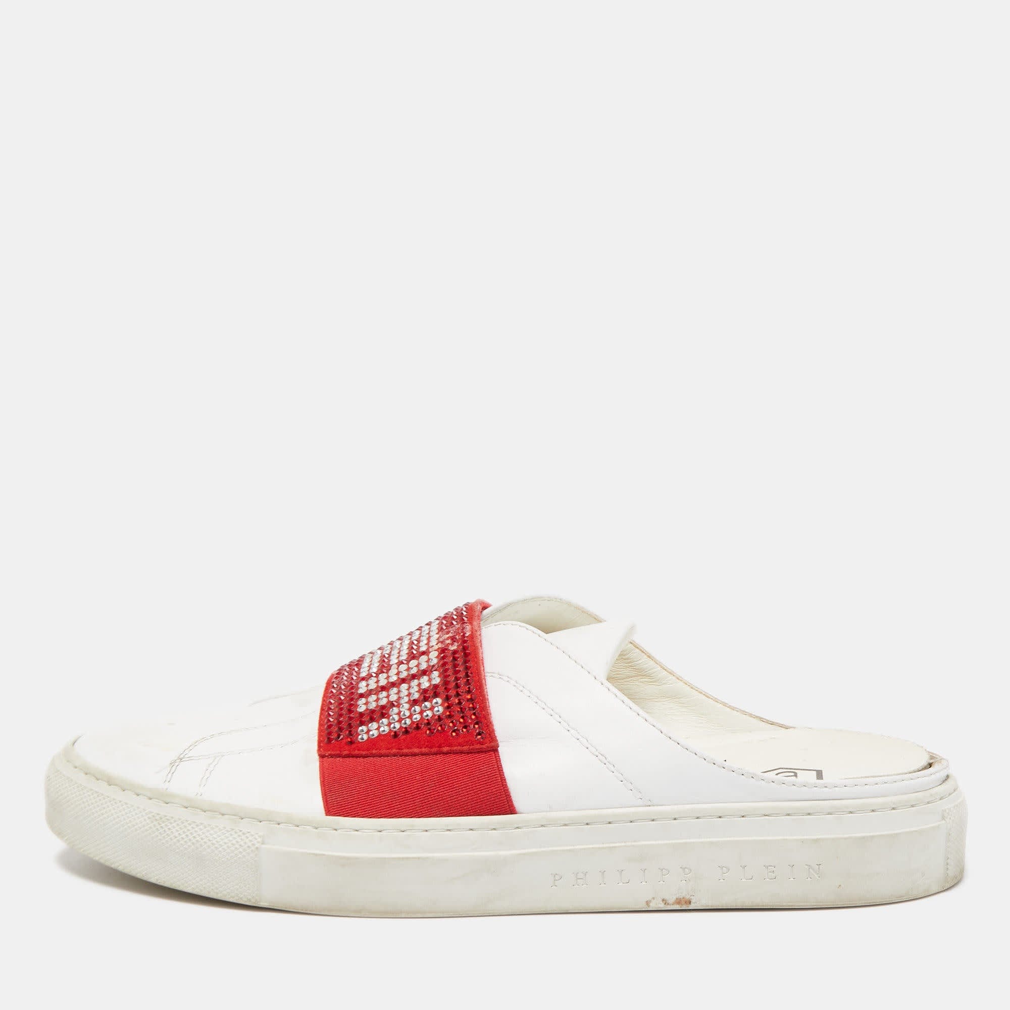 WHITE* Phillip Plein White/red Leather Crystal Embellished Logo Sneaker Mules
