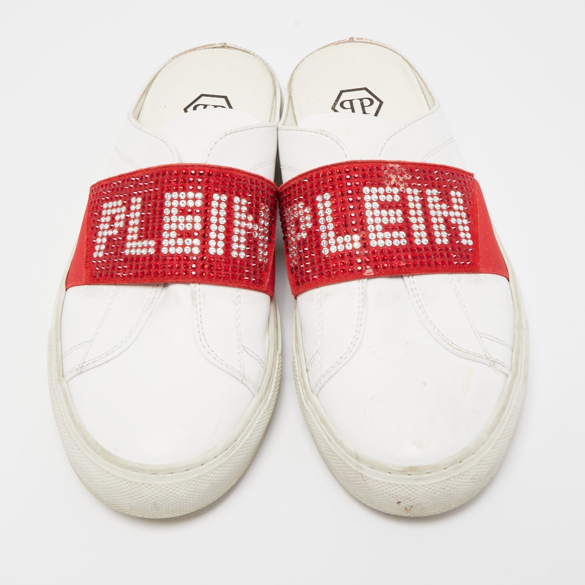 WHITE* Phillip Plein White/red Leather Crystal Embellished Logo Sneaker Mules