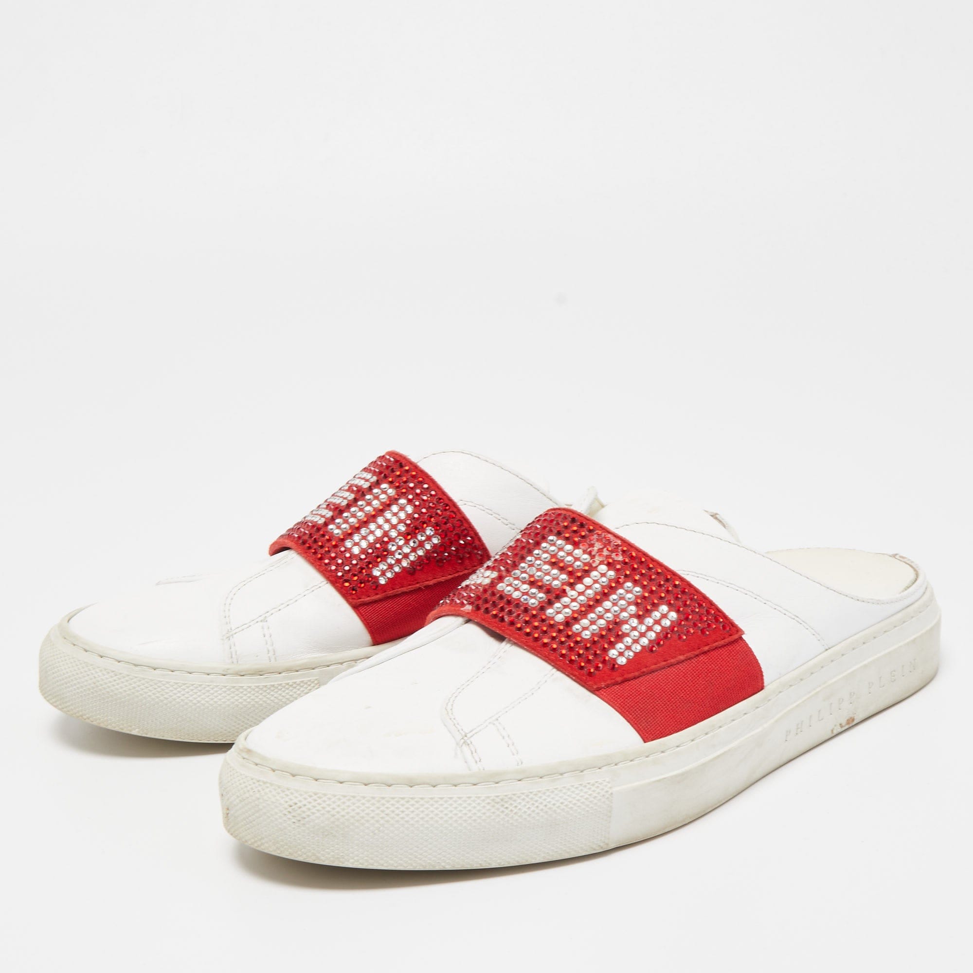 WHITE* Phillip Plein White/red Leather Crystal Embellished Logo Sneaker Mules