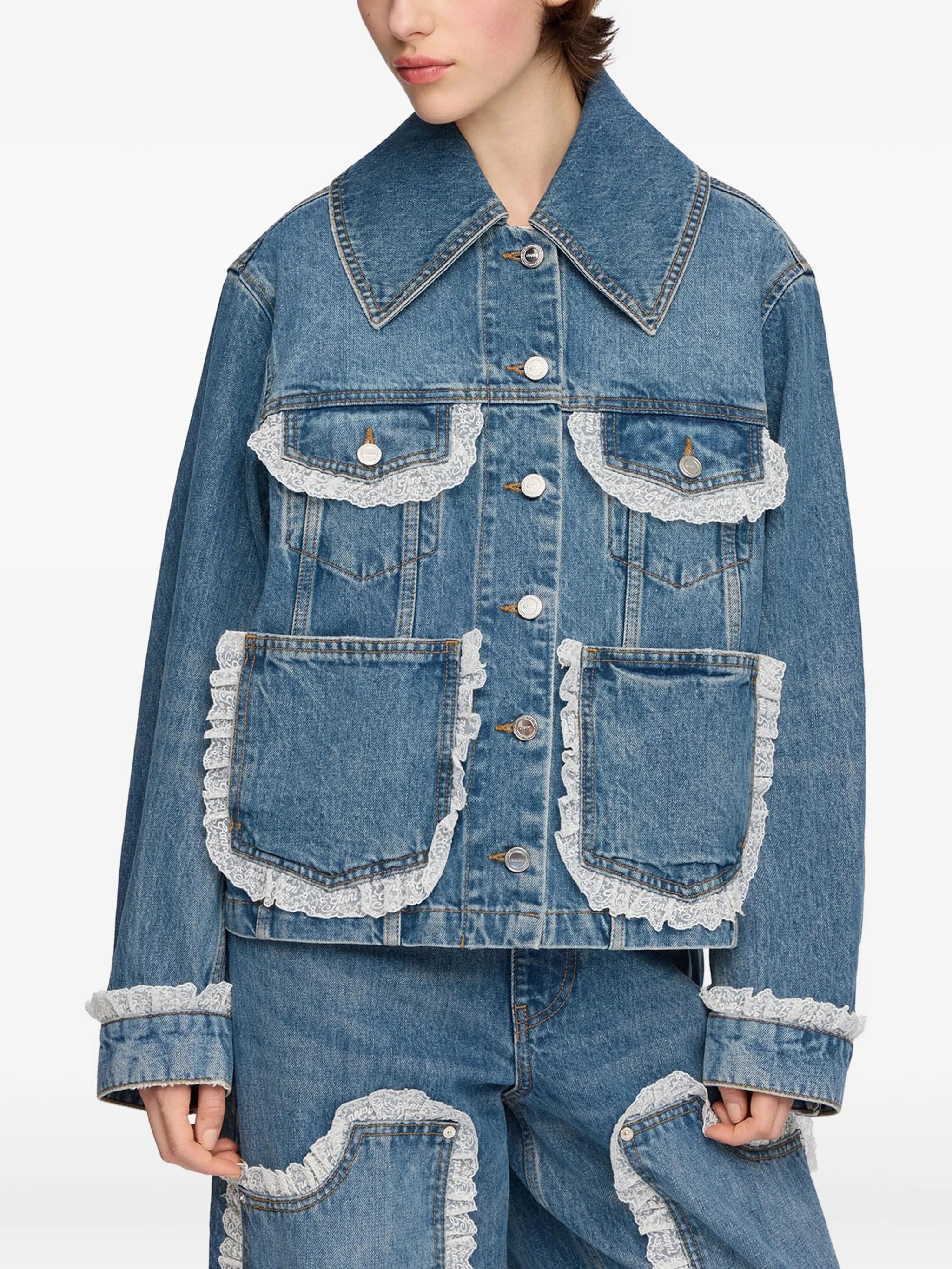 GANNI lace - trim denim jacket