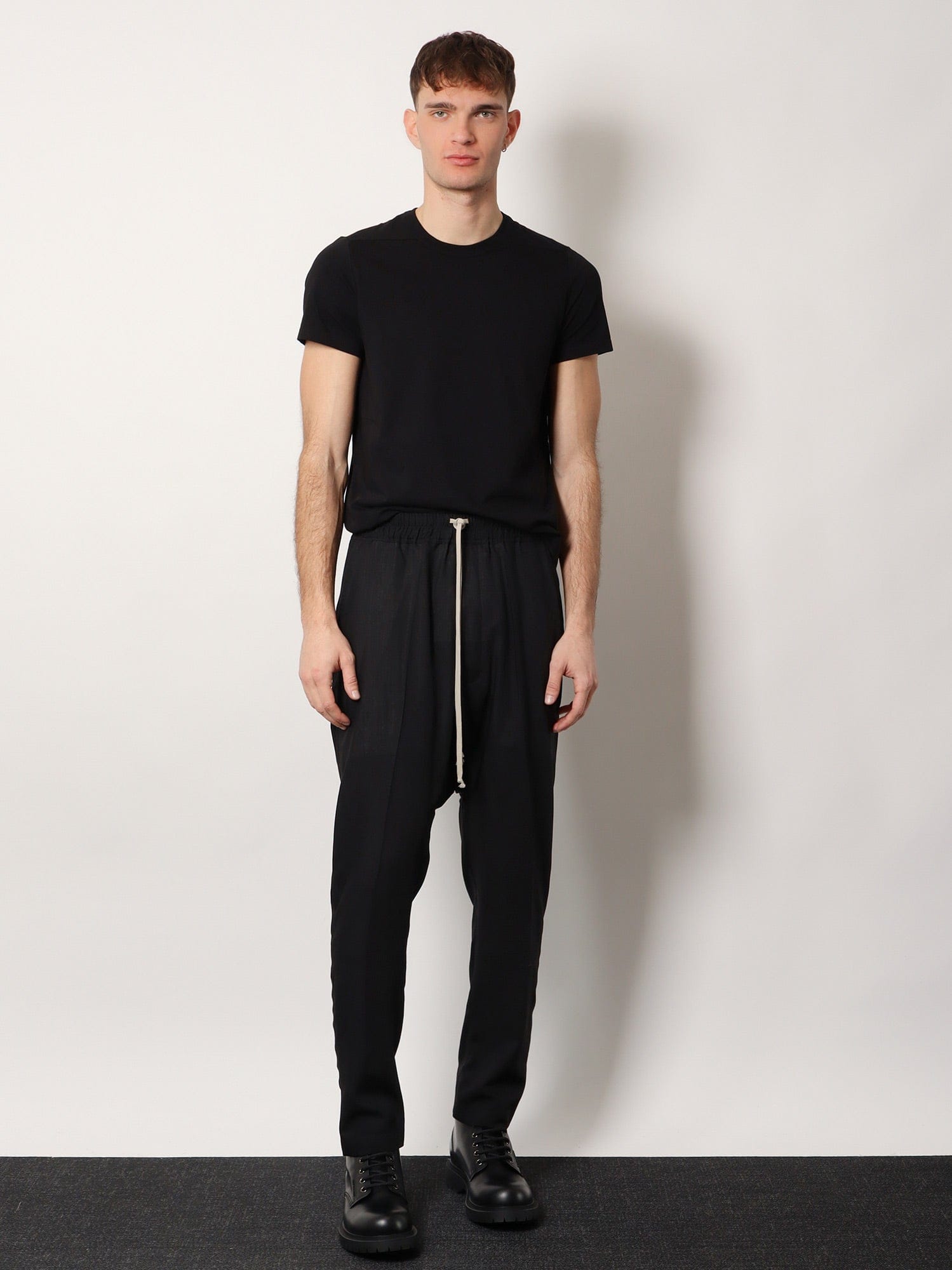 RICK OWENS Drawstring Long certified virgin wool trousers