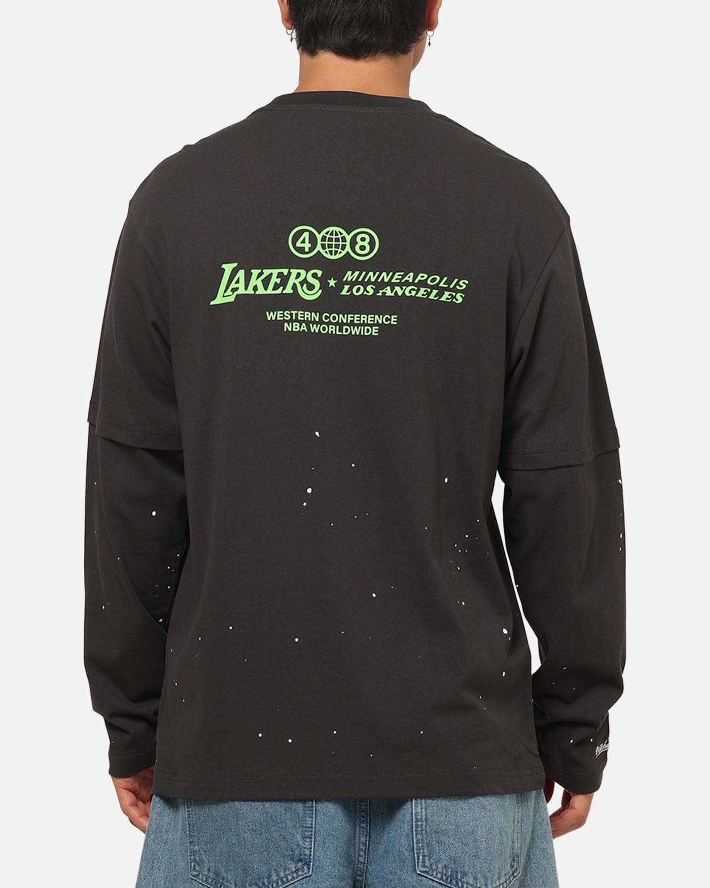 Mitchell & NESS Los Angeles Lakers 48 Mock Layer Vintage Long Sleeve T - Shirt Washed Black