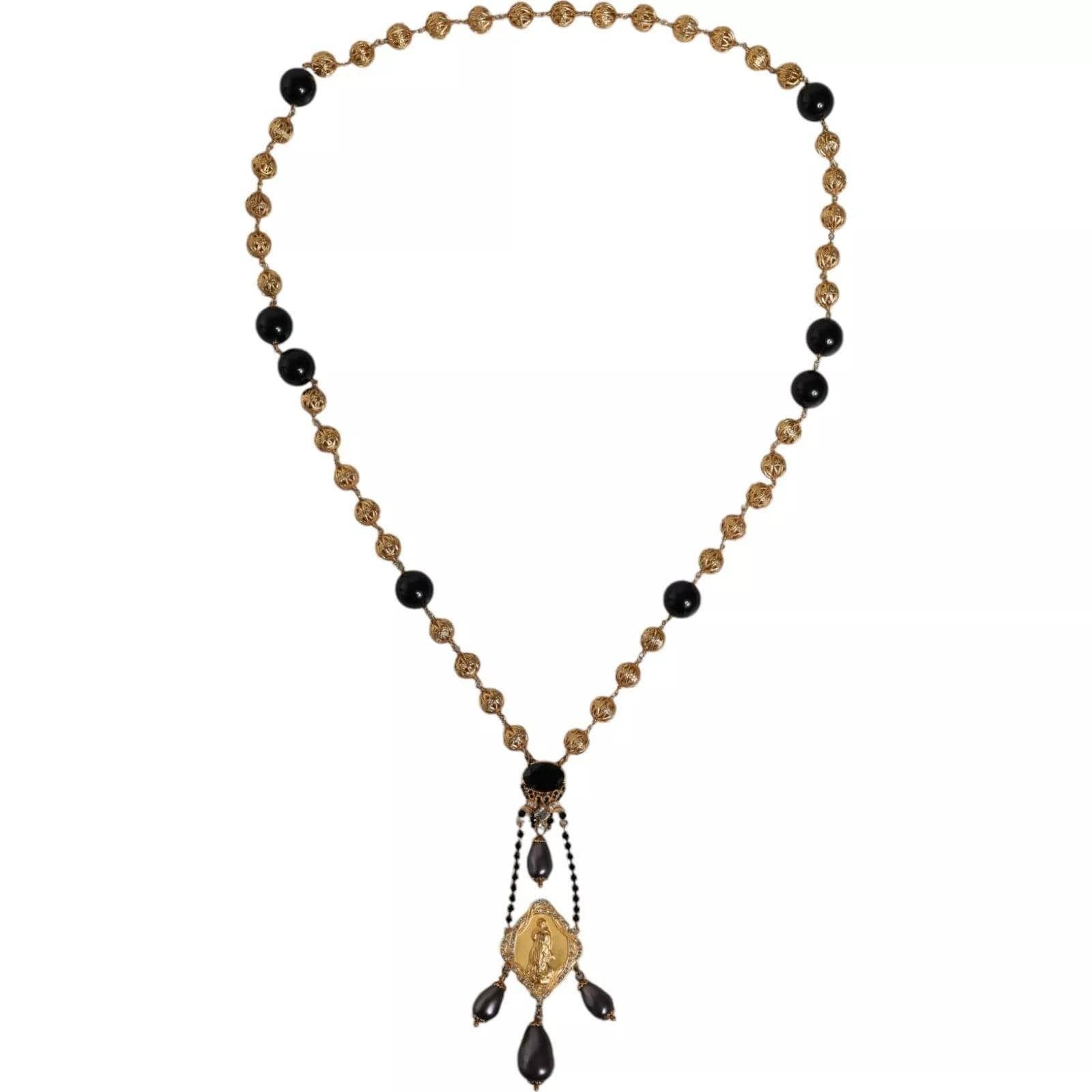 Dolce & Gabbana Necklace Gold Chain Brass Black Beaded Rosary Style DG41S