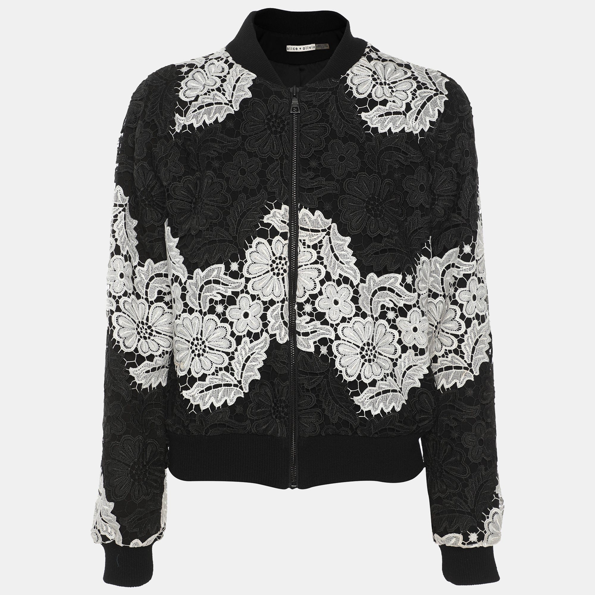 Alice + Olivia Black/white Floral Lace Bomber Jacket