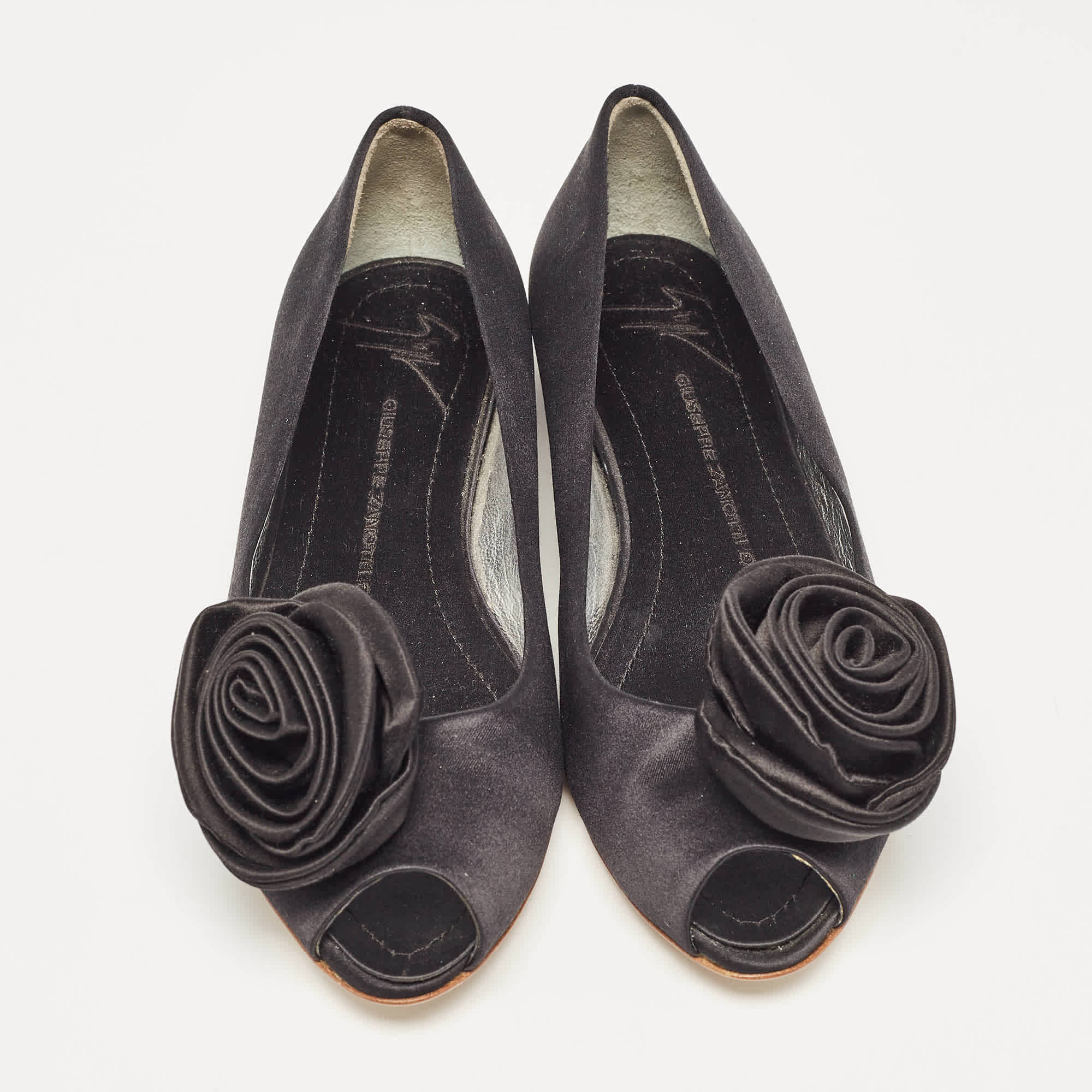Giuseppe Zanotti Black Satin Flower Applique Ballet Flats