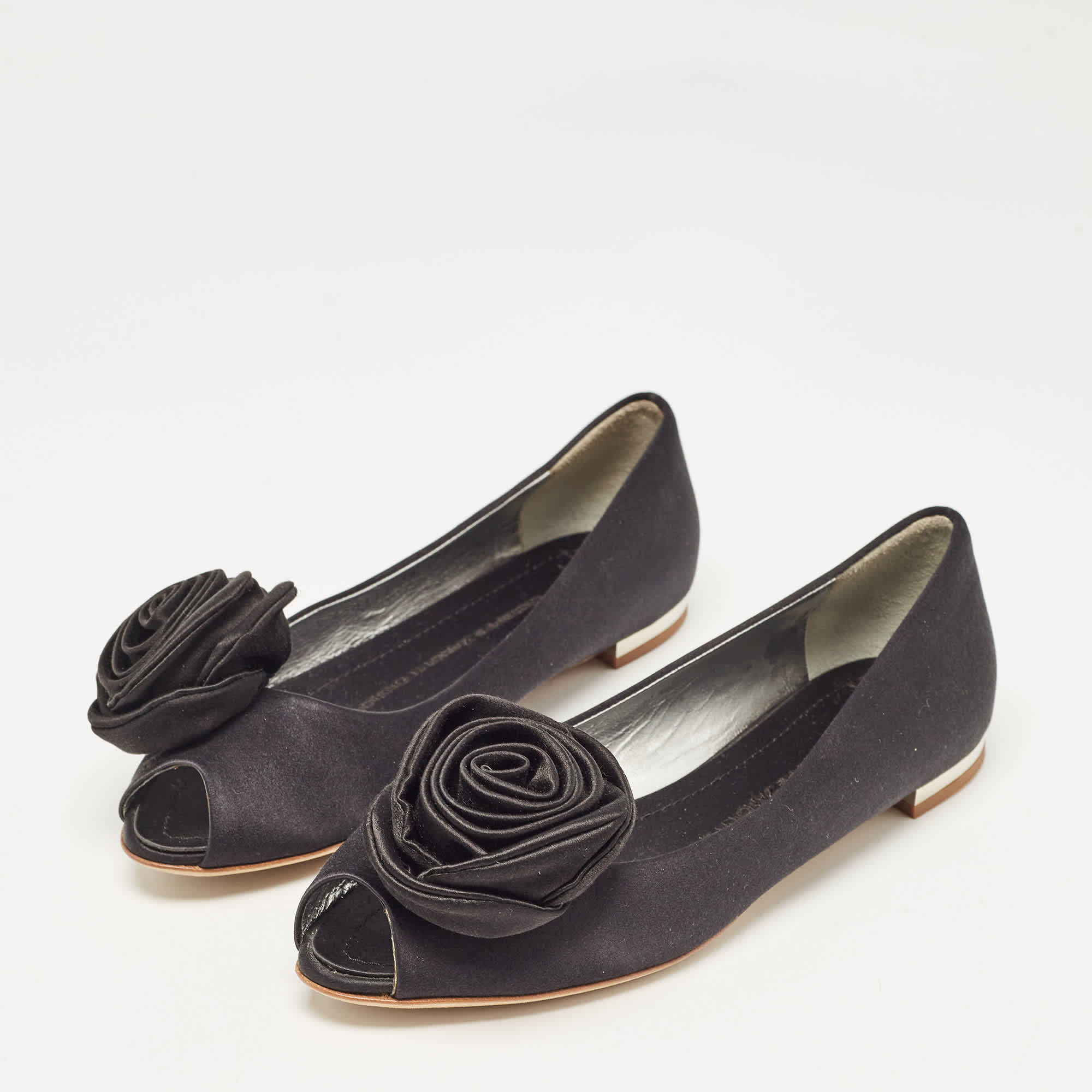 Giuseppe Zanotti Black Satin Flower Applique Ballet Flats