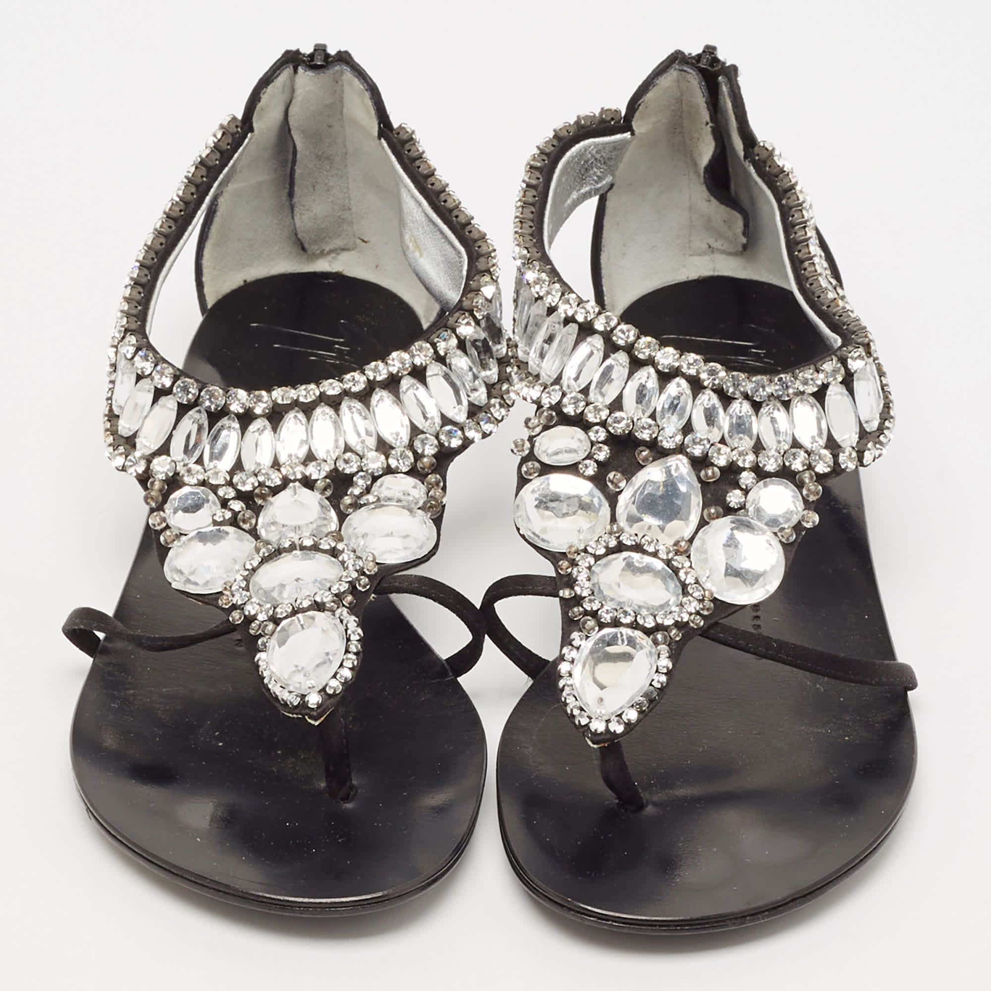 Giuseppe Zanotti Black Satin Crystal Embellished Ankle Strap Flat Sandals