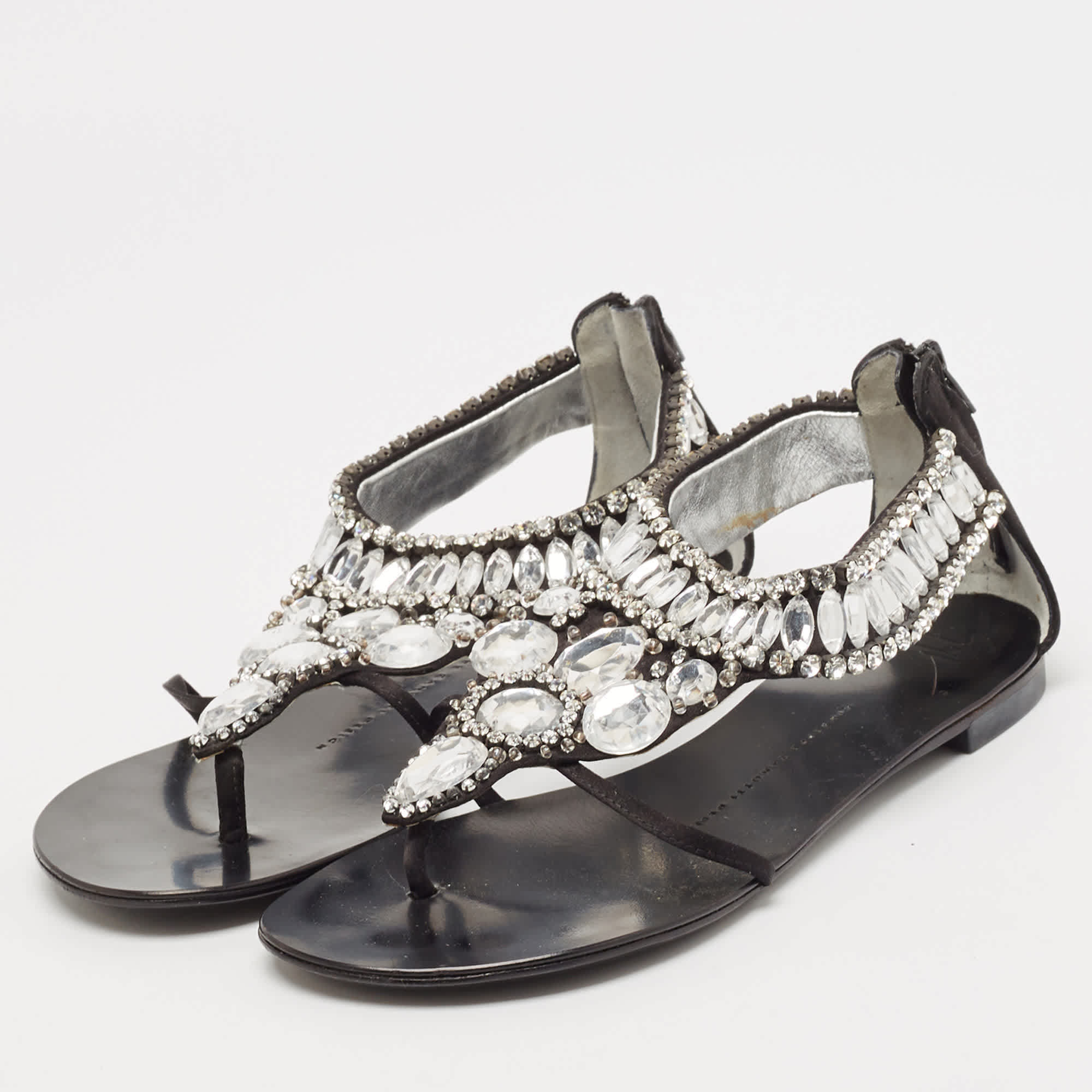 Giuseppe Zanotti Black Satin Crystal Embellished Ankle Strap Flat Sandals
