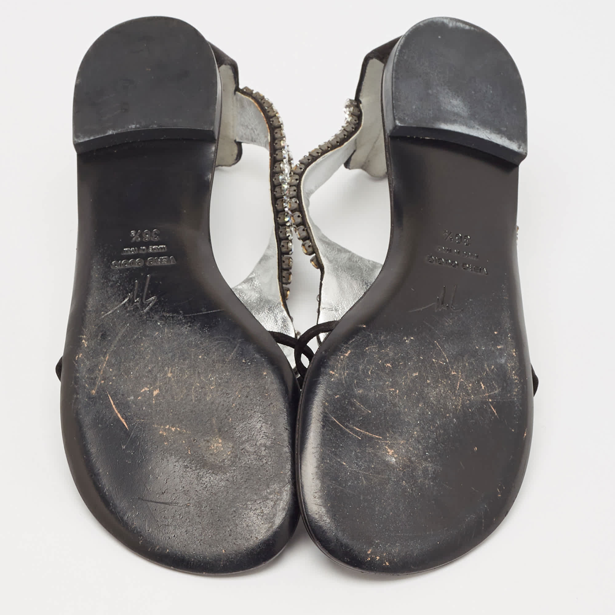 Giuseppe Zanotti Black Satin Crystal Embellished Ankle Strap Flat Sandals