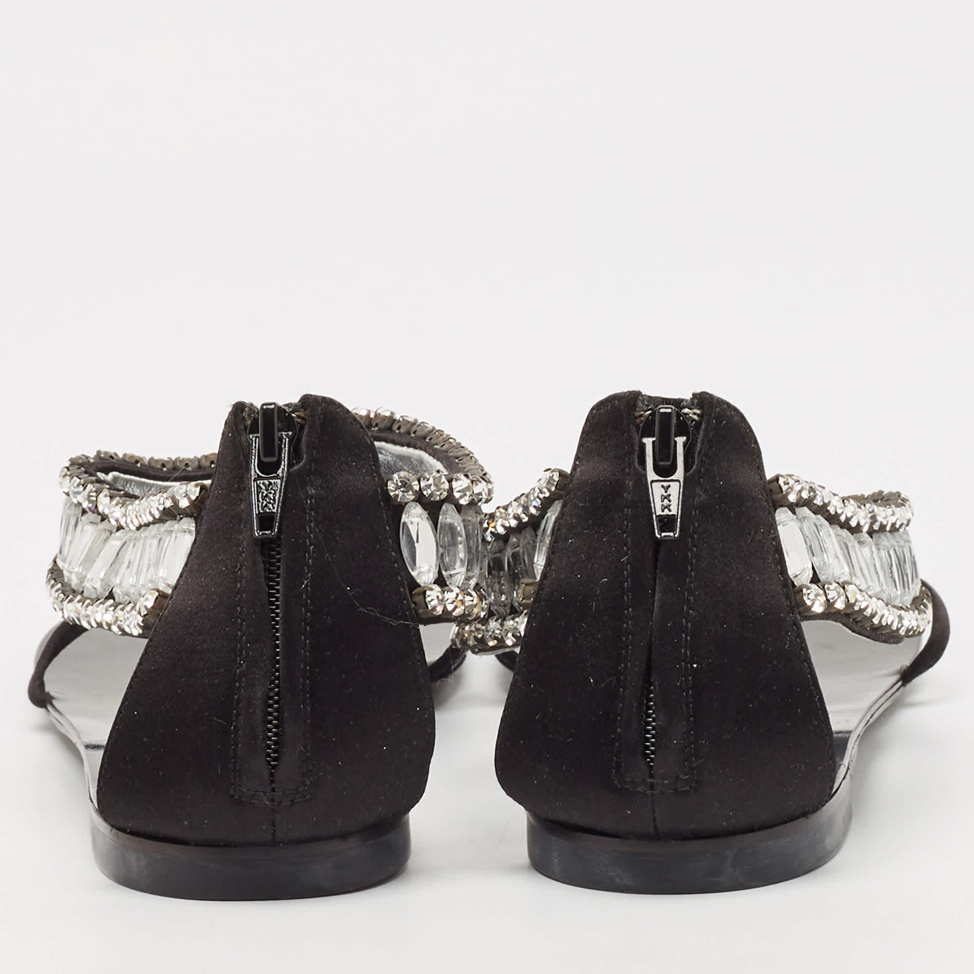 Giuseppe Zanotti Black Satin Crystal Embellished Ankle Strap Flat Sandals
