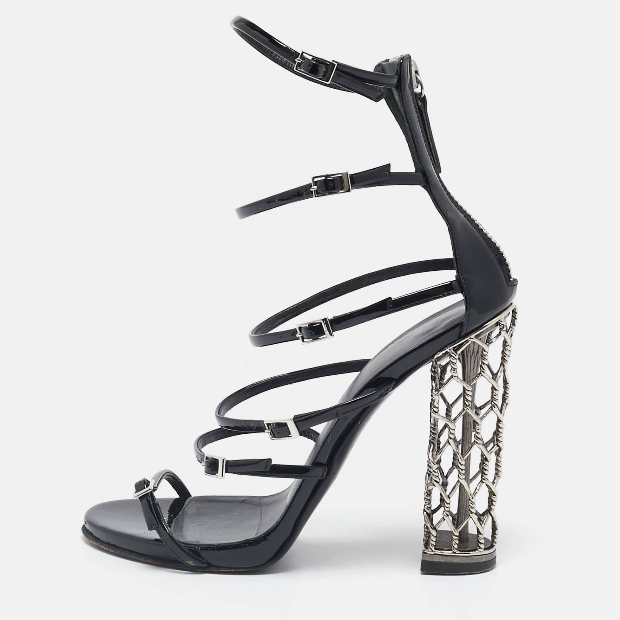 Giuseppe Zanotti Black Patent Leather Lauren Metal Cage Heel Strappy Sandals