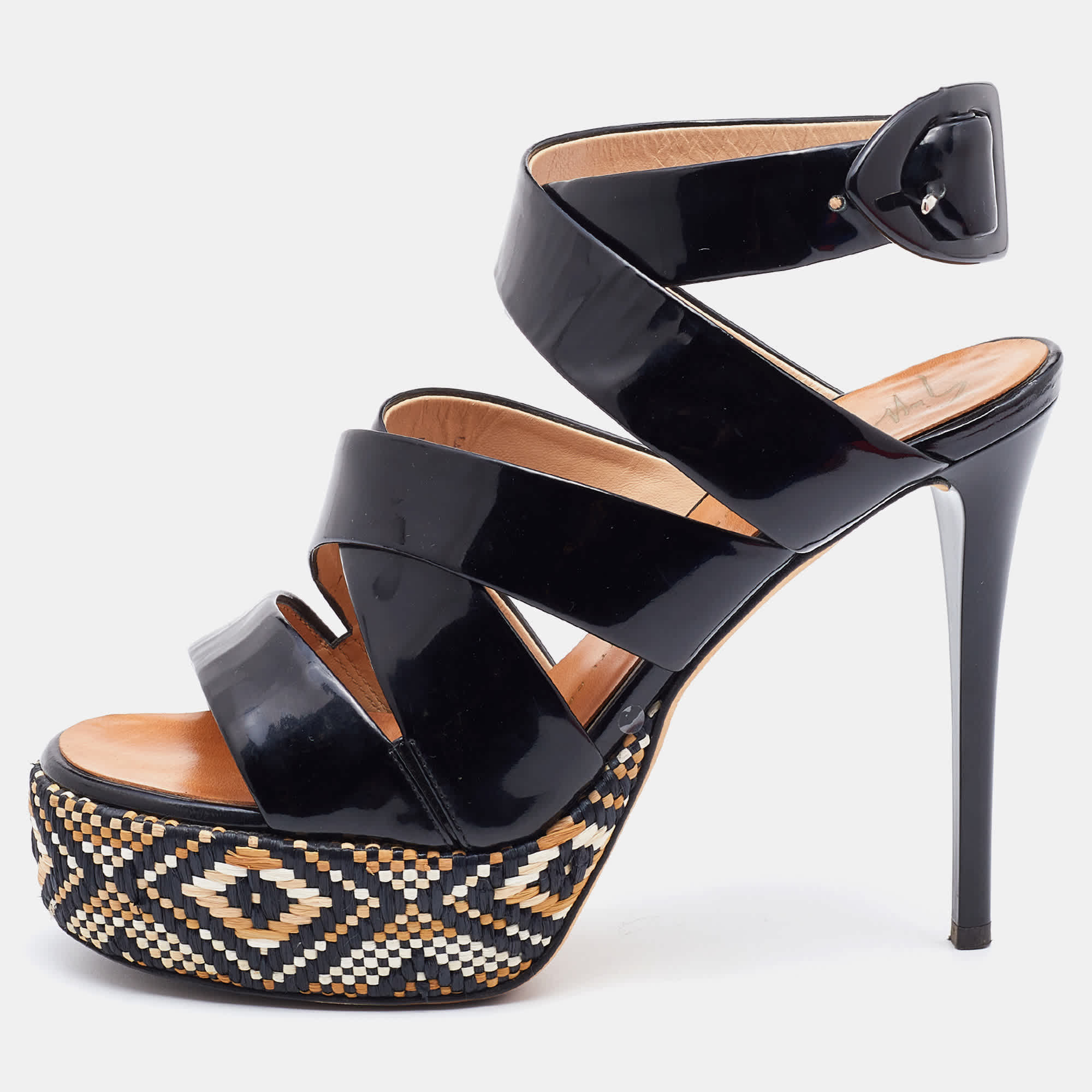 Giuseppe Zanotti Black Patent Leather Woven Platform Ankle Strap Sandals