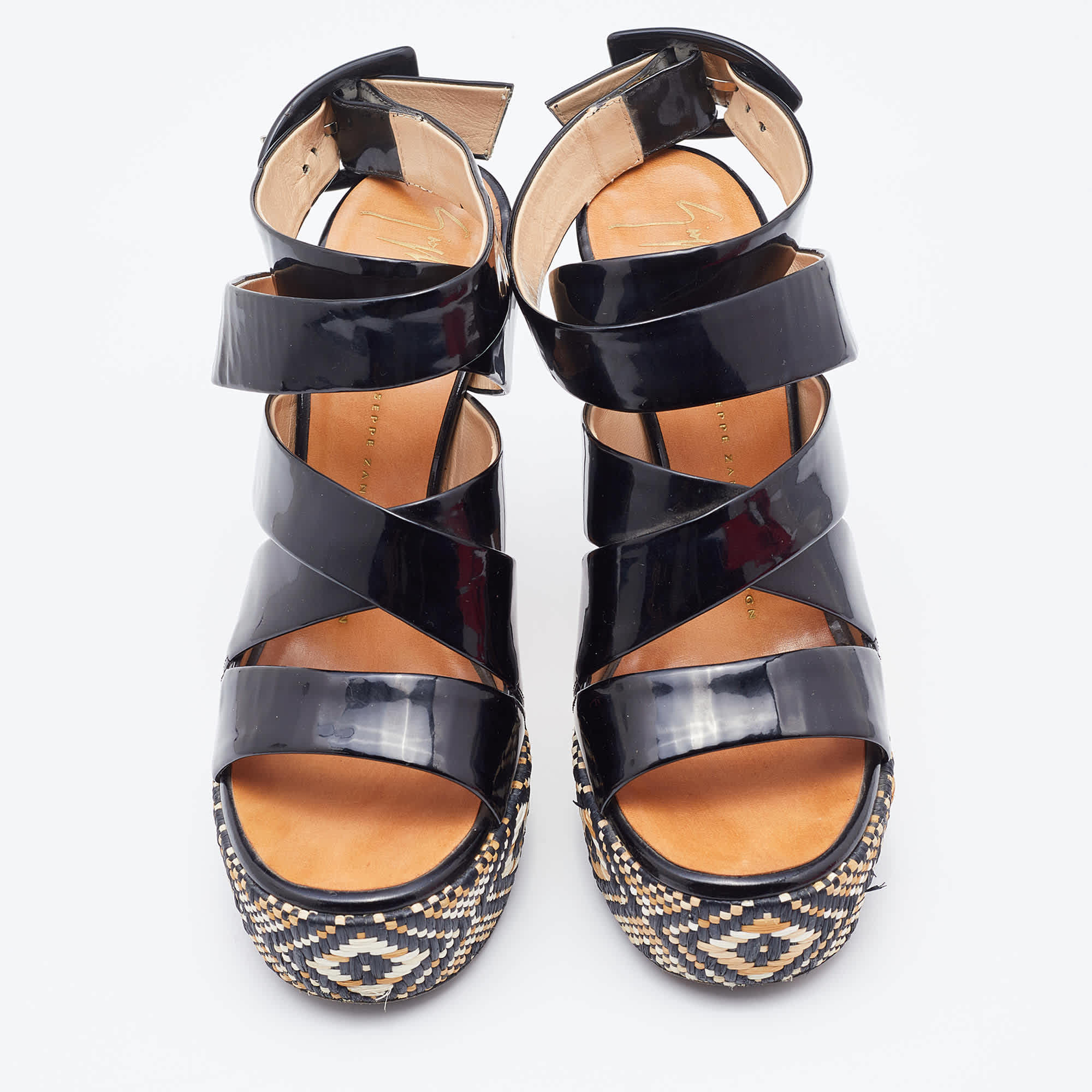 Giuseppe Zanotti Black Patent Leather Woven Platform Ankle Strap Sandals