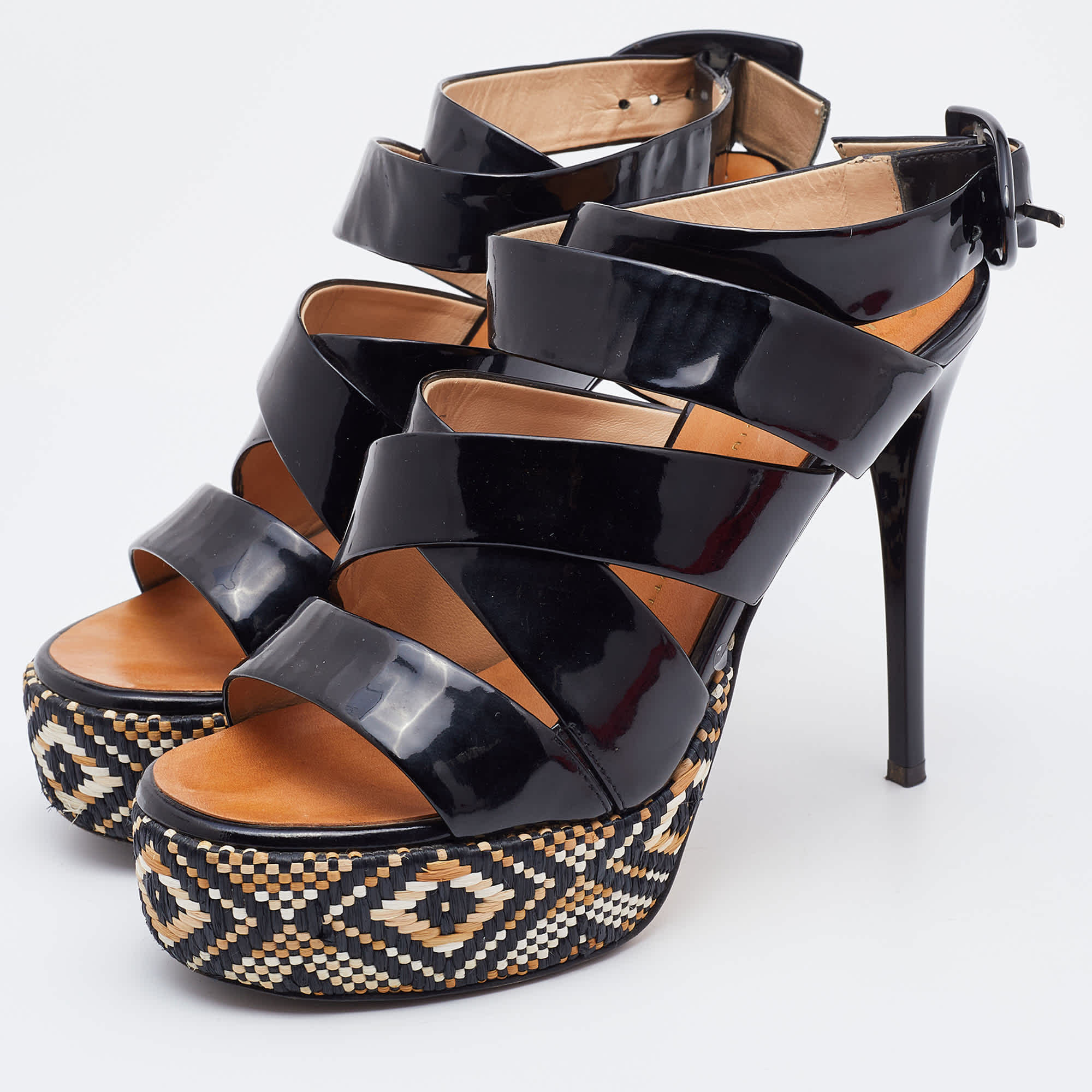Giuseppe Zanotti Black Patent Leather Woven Platform Ankle Strap Sandals