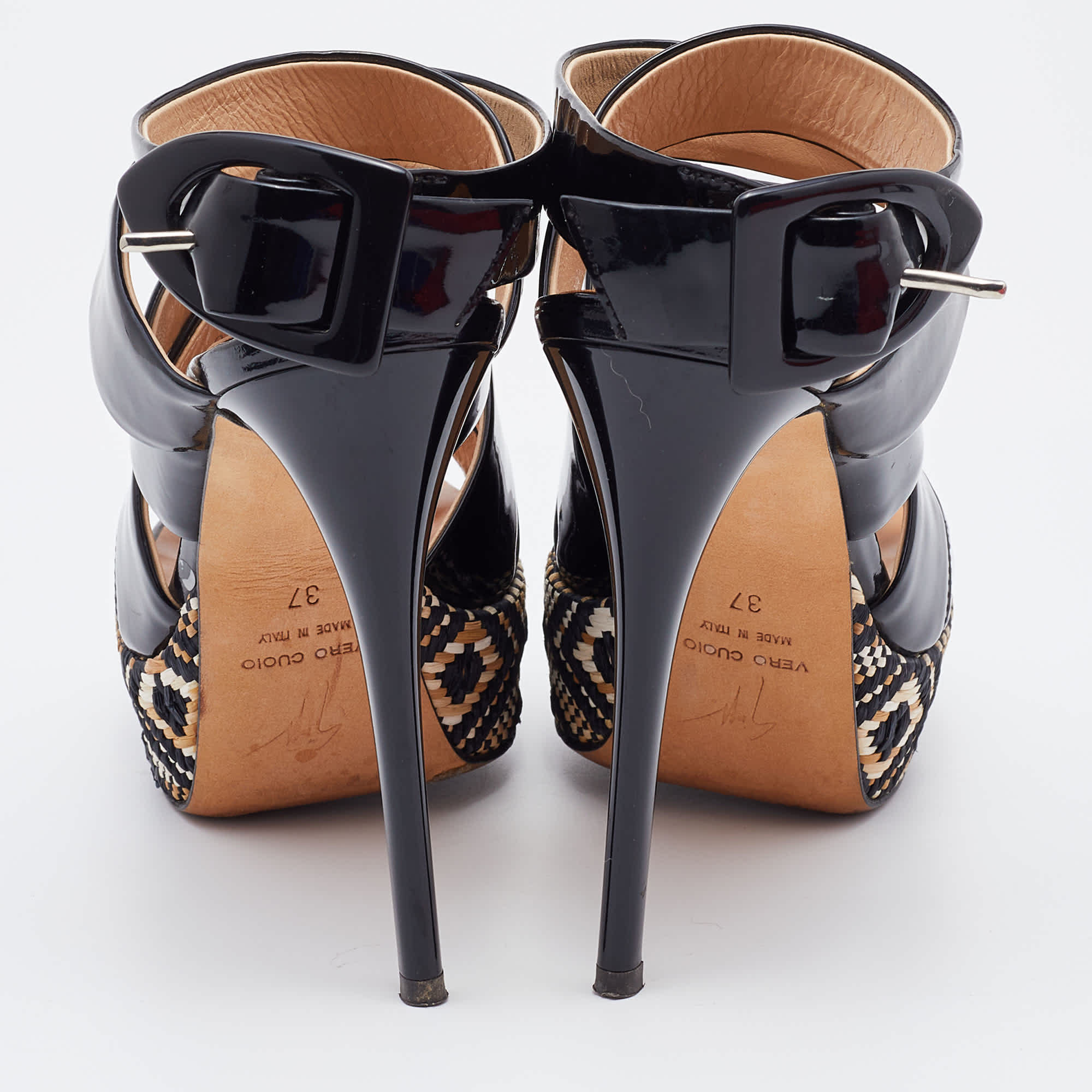 Giuseppe Zanotti Black Patent Leather Woven Platform Ankle Strap Sandals