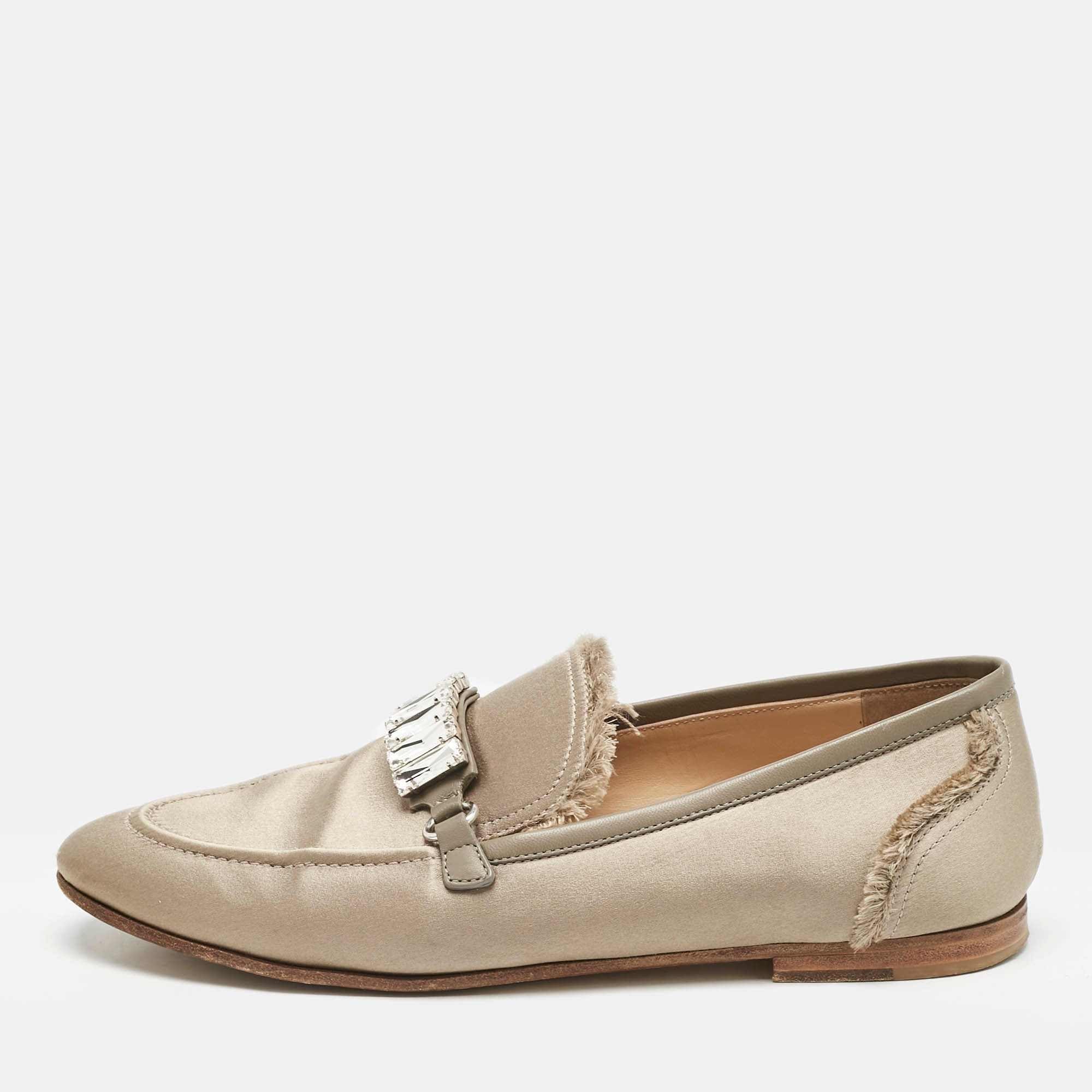 Giuseppe Zanotti Dark Beige/grey Satin And Leather Slip On Loafers