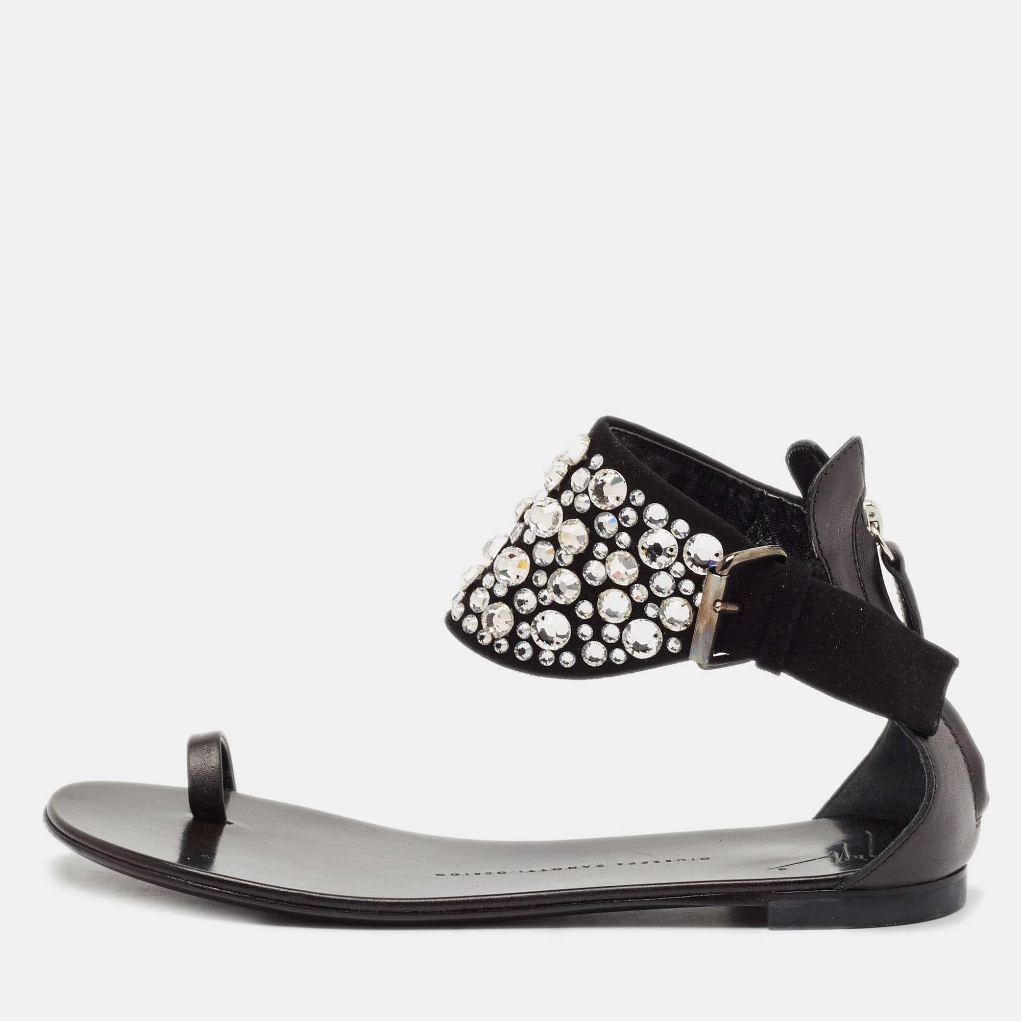 Giuseppe Zanotti Black Suede And Leather Crystal Embellished Ankle Wrap Flat Sandals