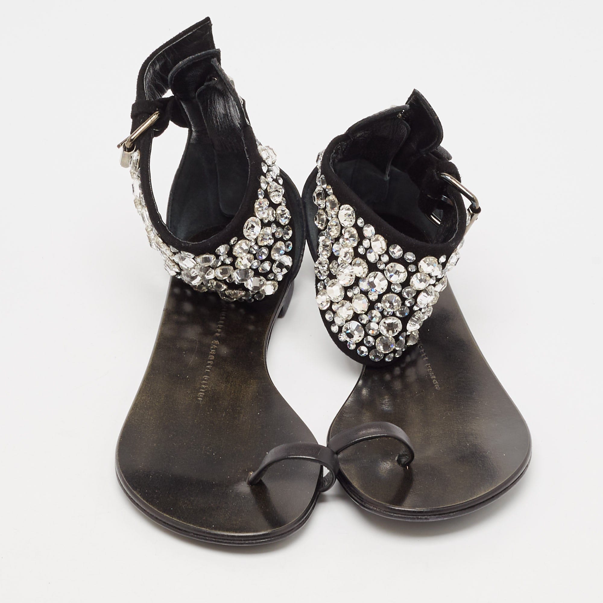 Giuseppe Zanotti Black Suede And Leather Crystal Embellished Ankle Wrap Flat Sandals