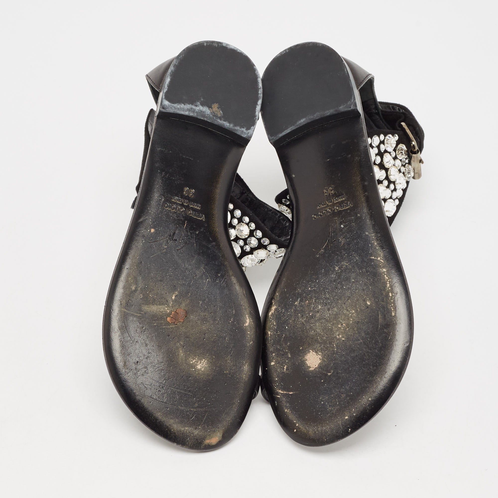 Giuseppe Zanotti Black Suede And Leather Crystal Embellished Ankle Wrap Flat Sandals