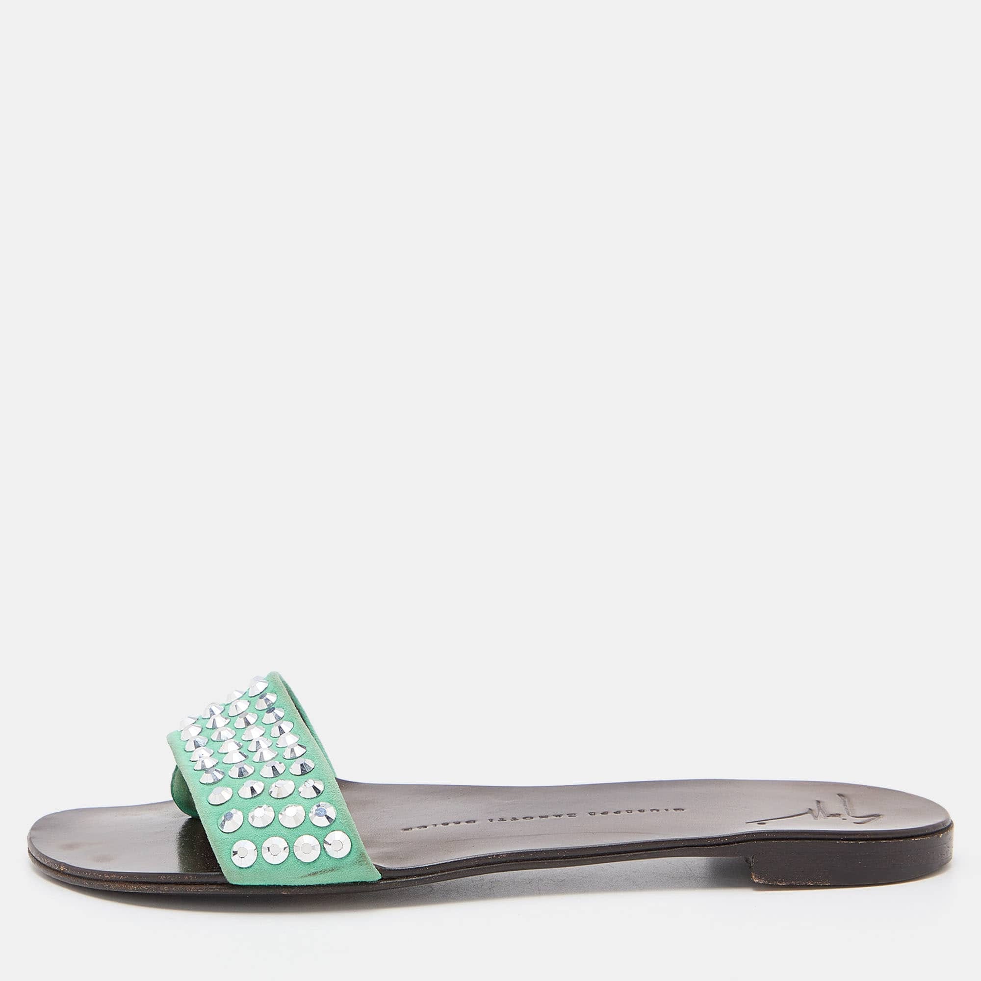 Giuseppe Zanotti Green Suede Leather Crystal Embellished Flat Slides