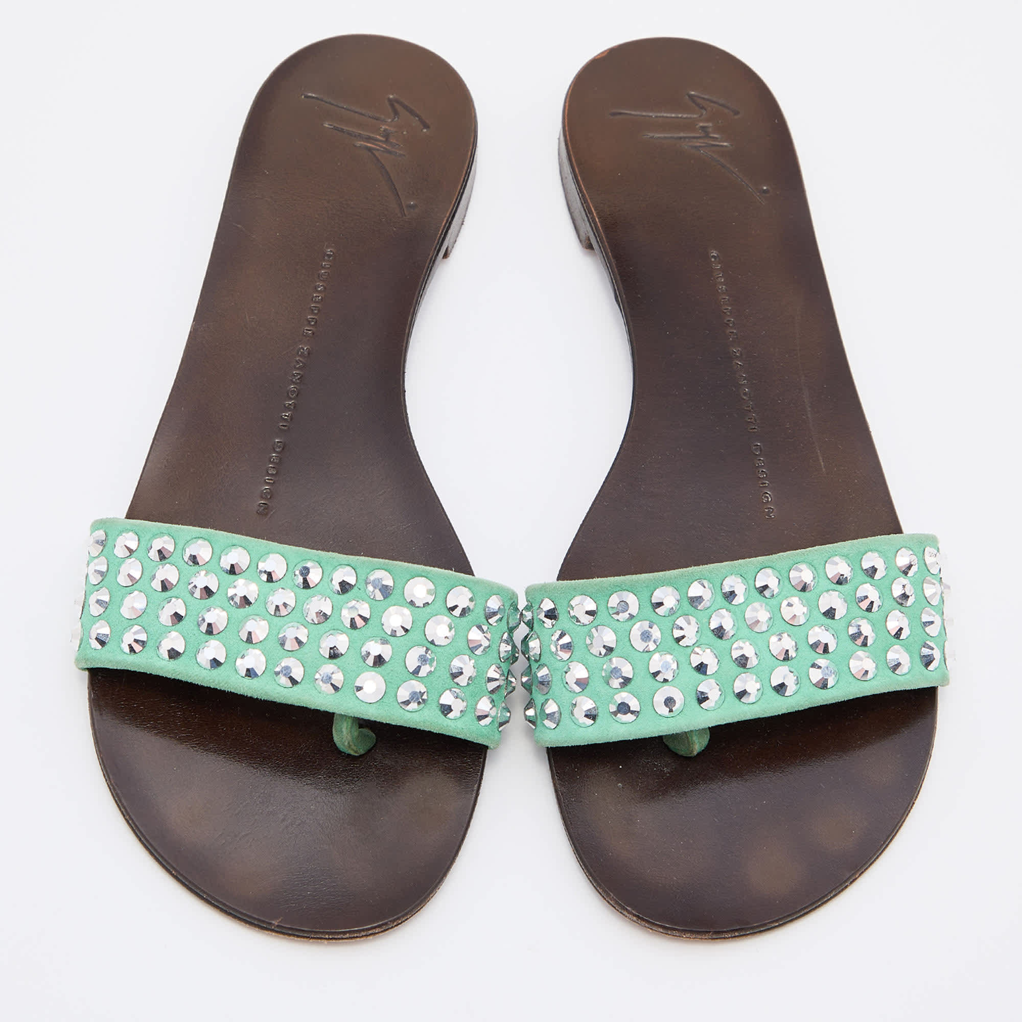 Giuseppe Zanotti Green Suede Leather Crystal Embellished Flat Slides