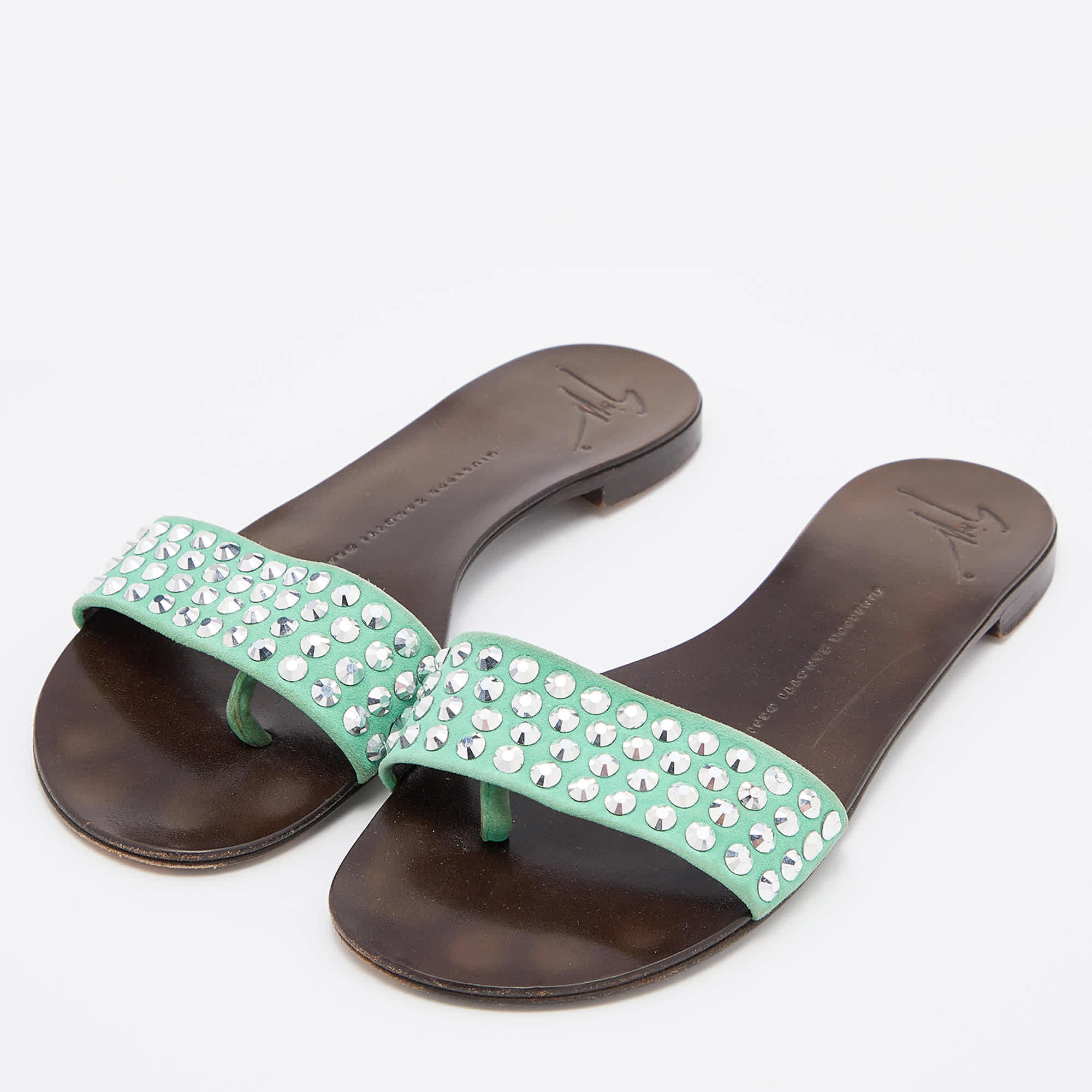 Giuseppe Zanotti Green Suede Leather Crystal Embellished Flat Slides