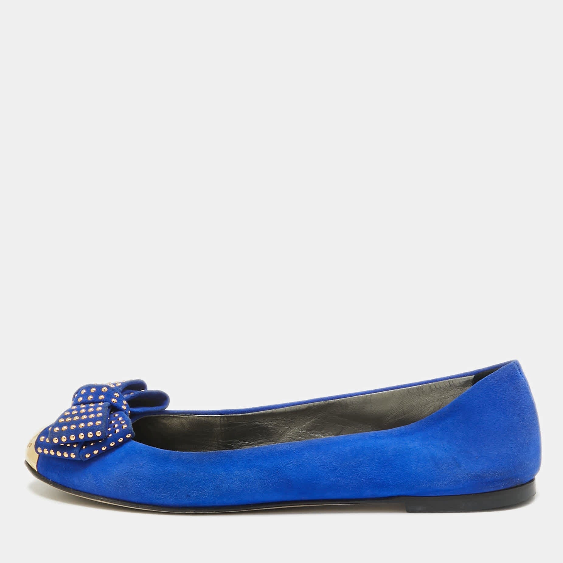Giuseppe Zanotti Blue Suede And Gold Cap Toe Studded Bow Ballet Flats