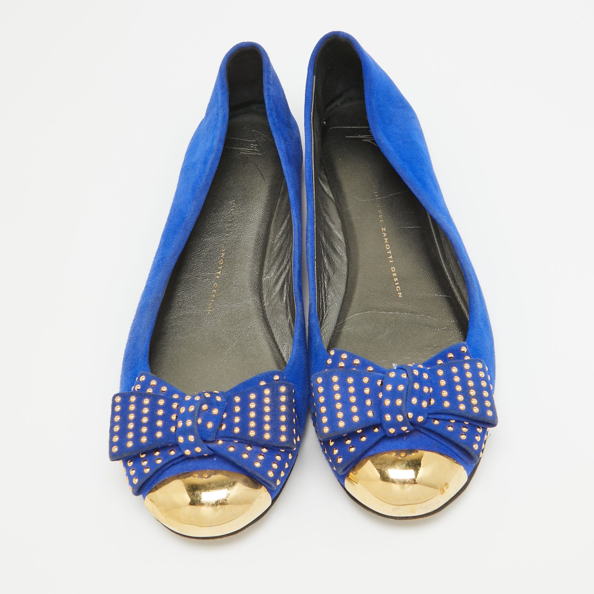 Giuseppe Zanotti Blue Suede And Gold Cap Toe Studded Bow Ballet Flats