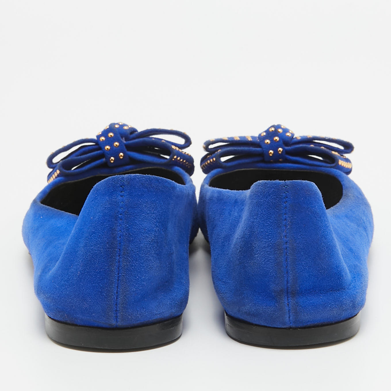 Giuseppe Zanotti Blue Suede And Gold Cap Toe Studded Bow Ballet Flats