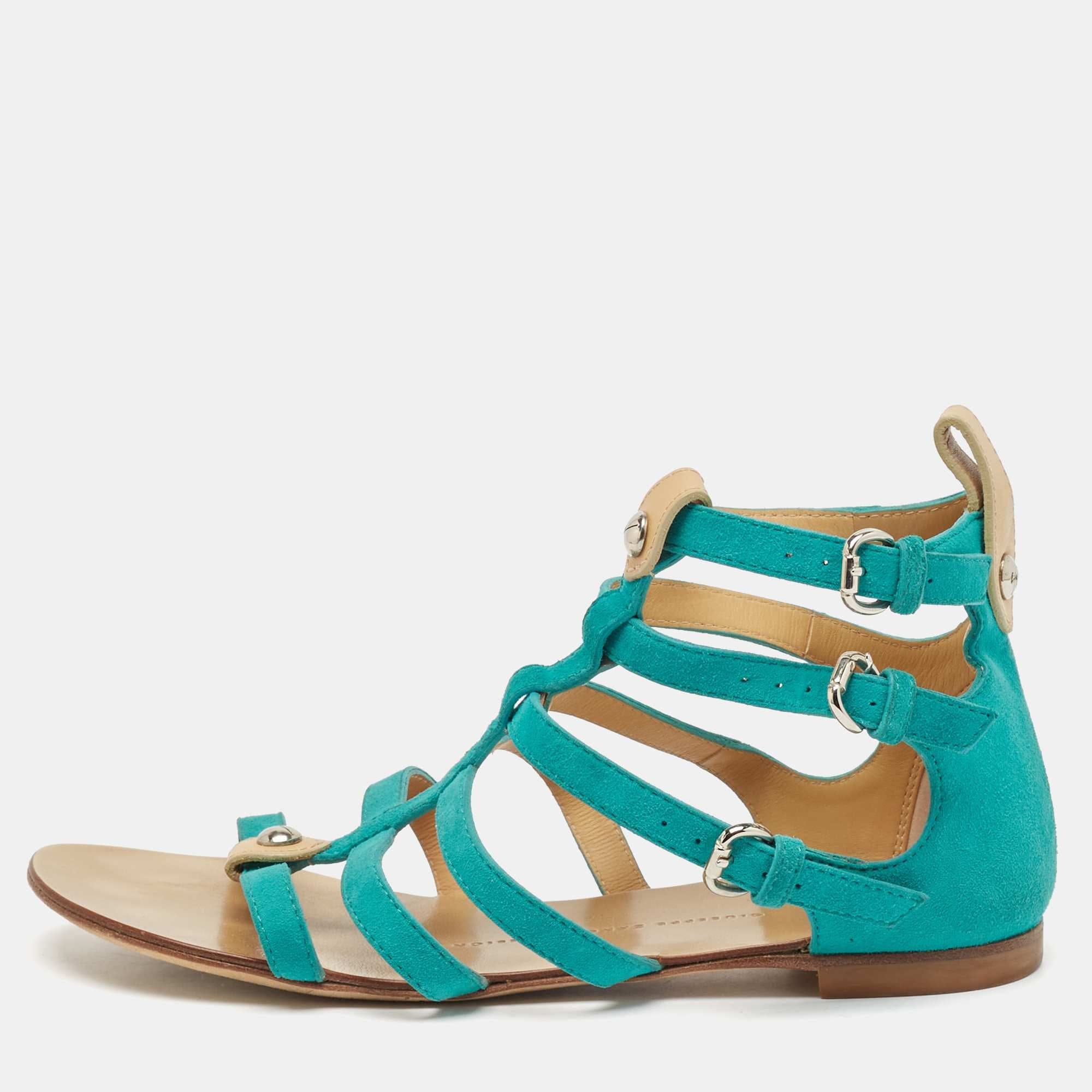 Giuseppe Zanotti Blue Suede Strappy Flat Slides