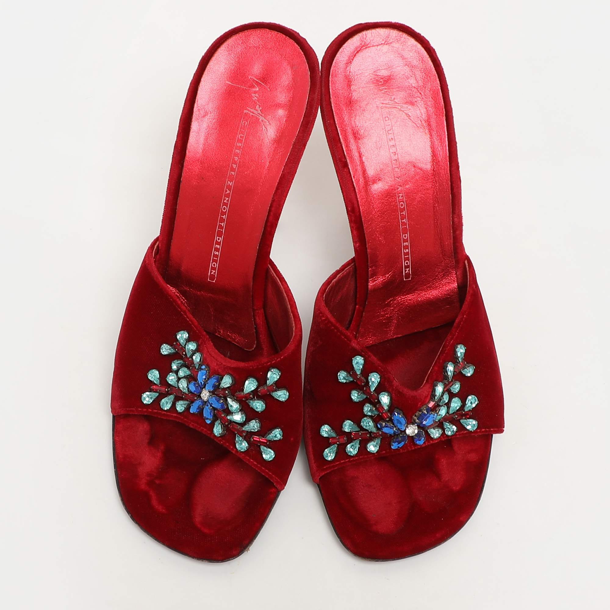 Giuseppe Zanotti Red Velvet Crystal Embellished Sandals