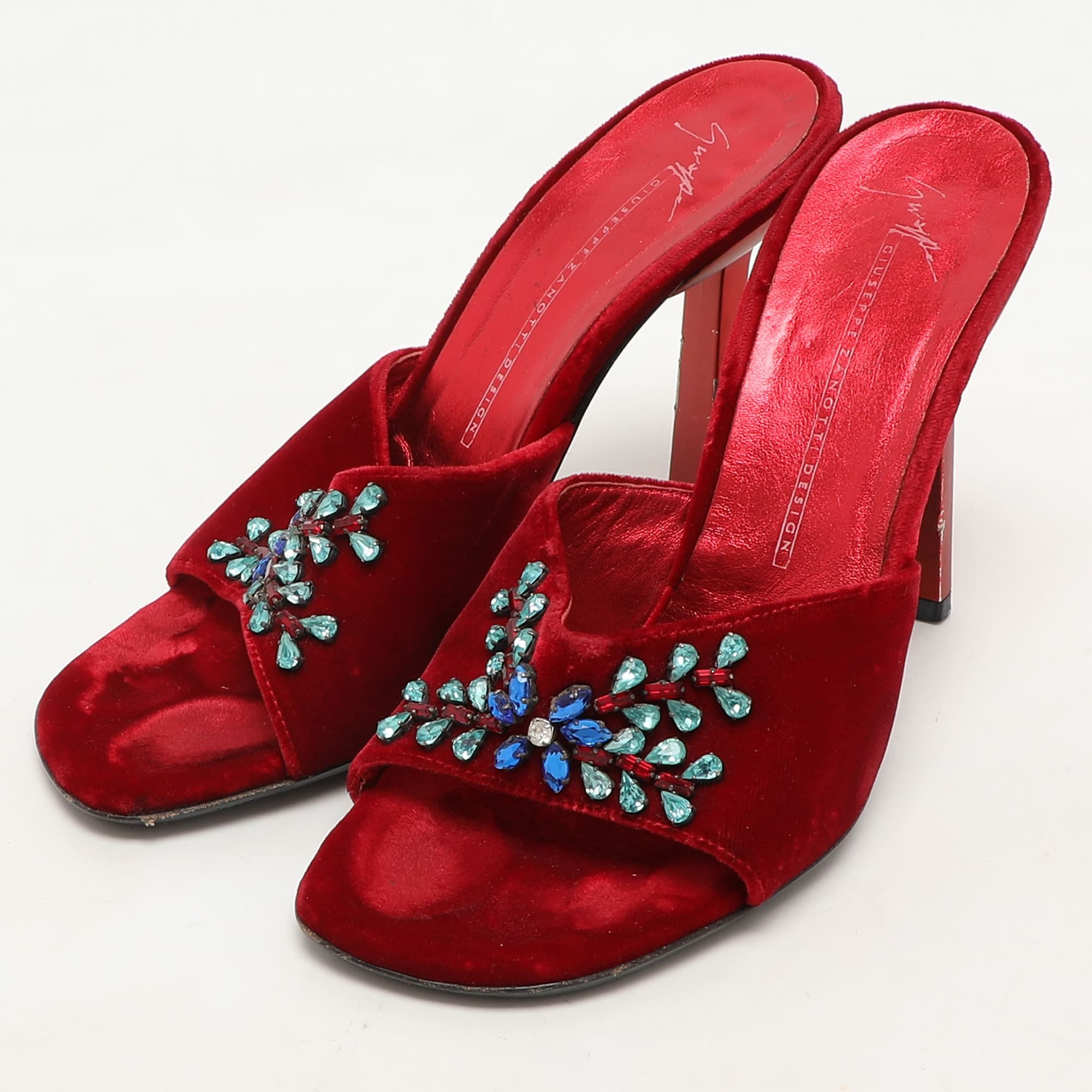 Giuseppe Zanotti Red Velvet Crystal Embellished Sandals