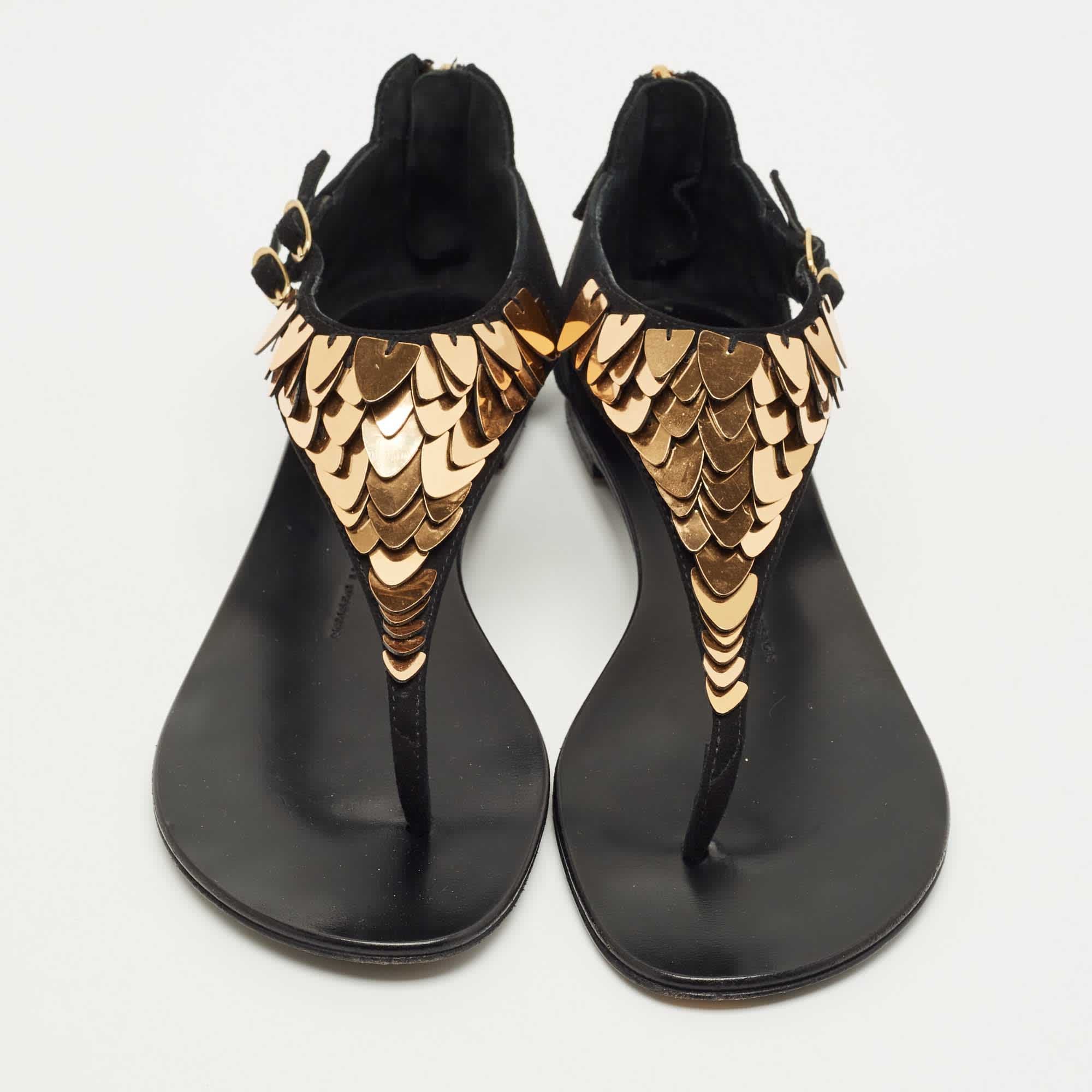 Giuseppe Zanotti Black Suede Crystal Embellished Thong Flats