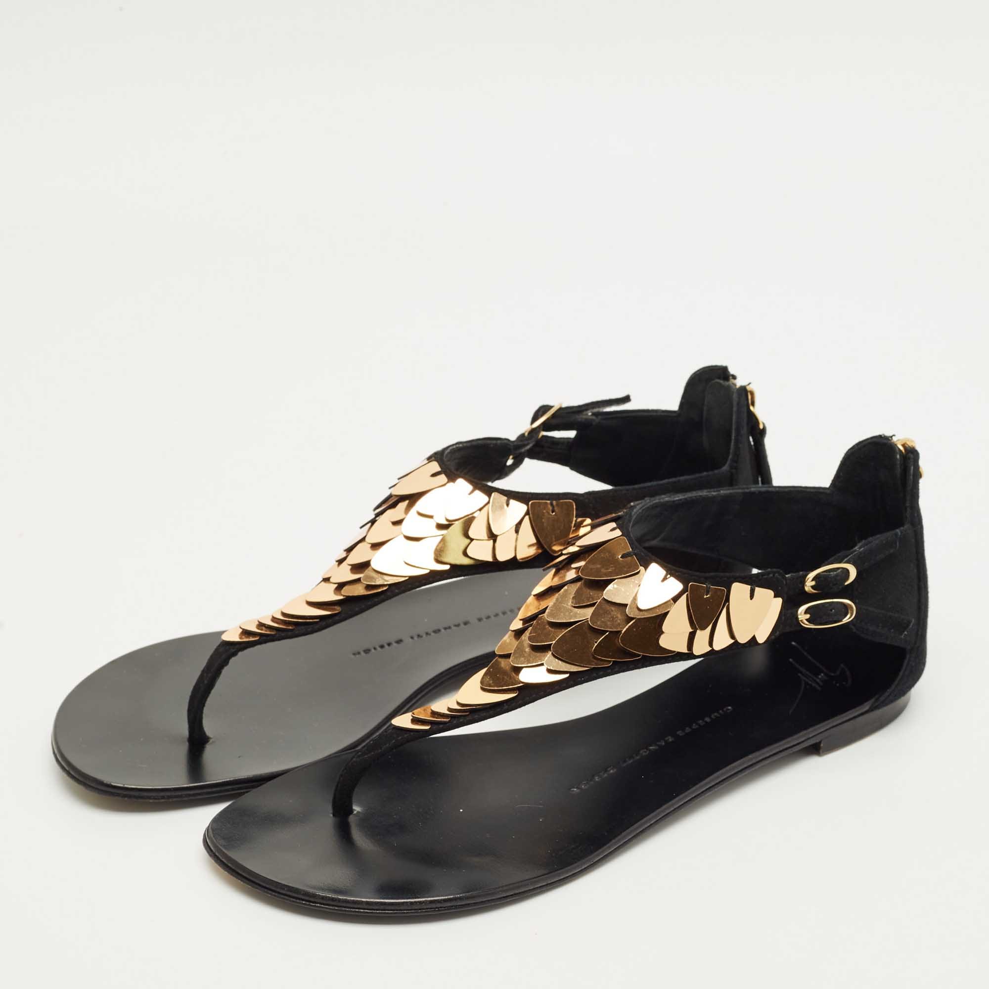 Giuseppe Zanotti Black Suede Crystal Embellished Thong Flats
