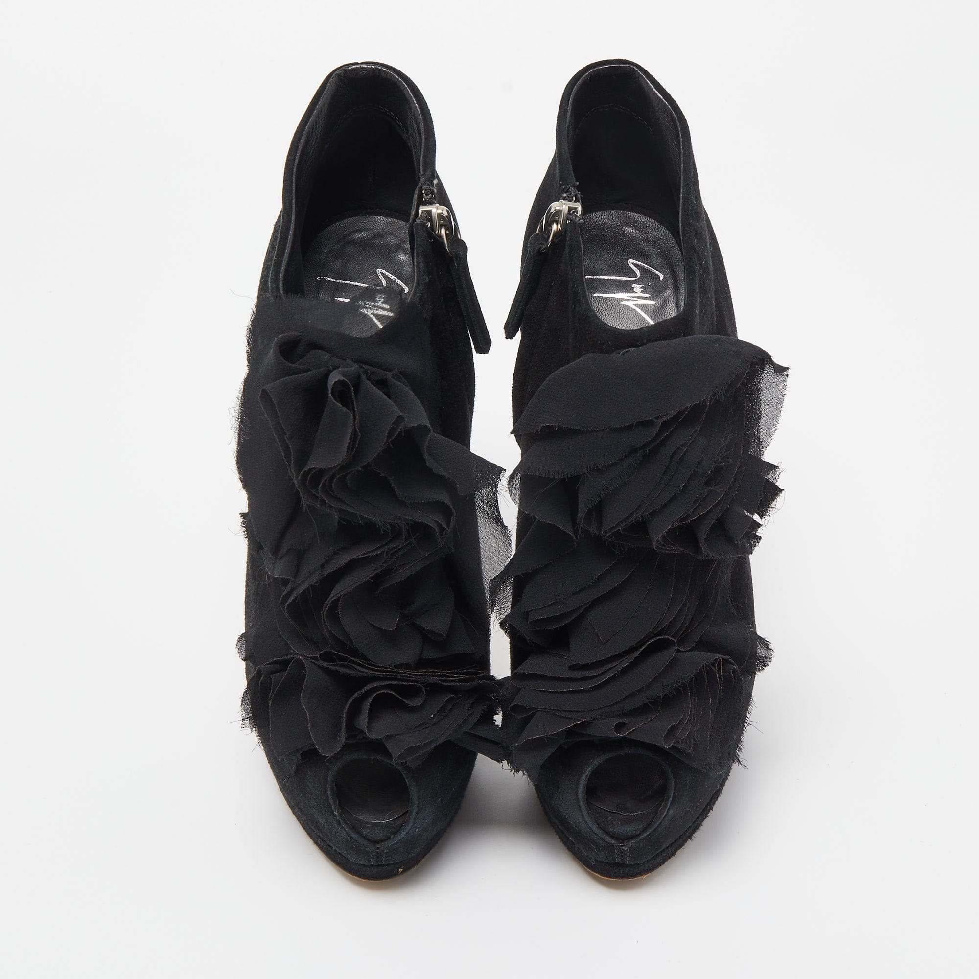 Giuseppe Zanotti Black Suede Frill Peep Toe Ankle Boots