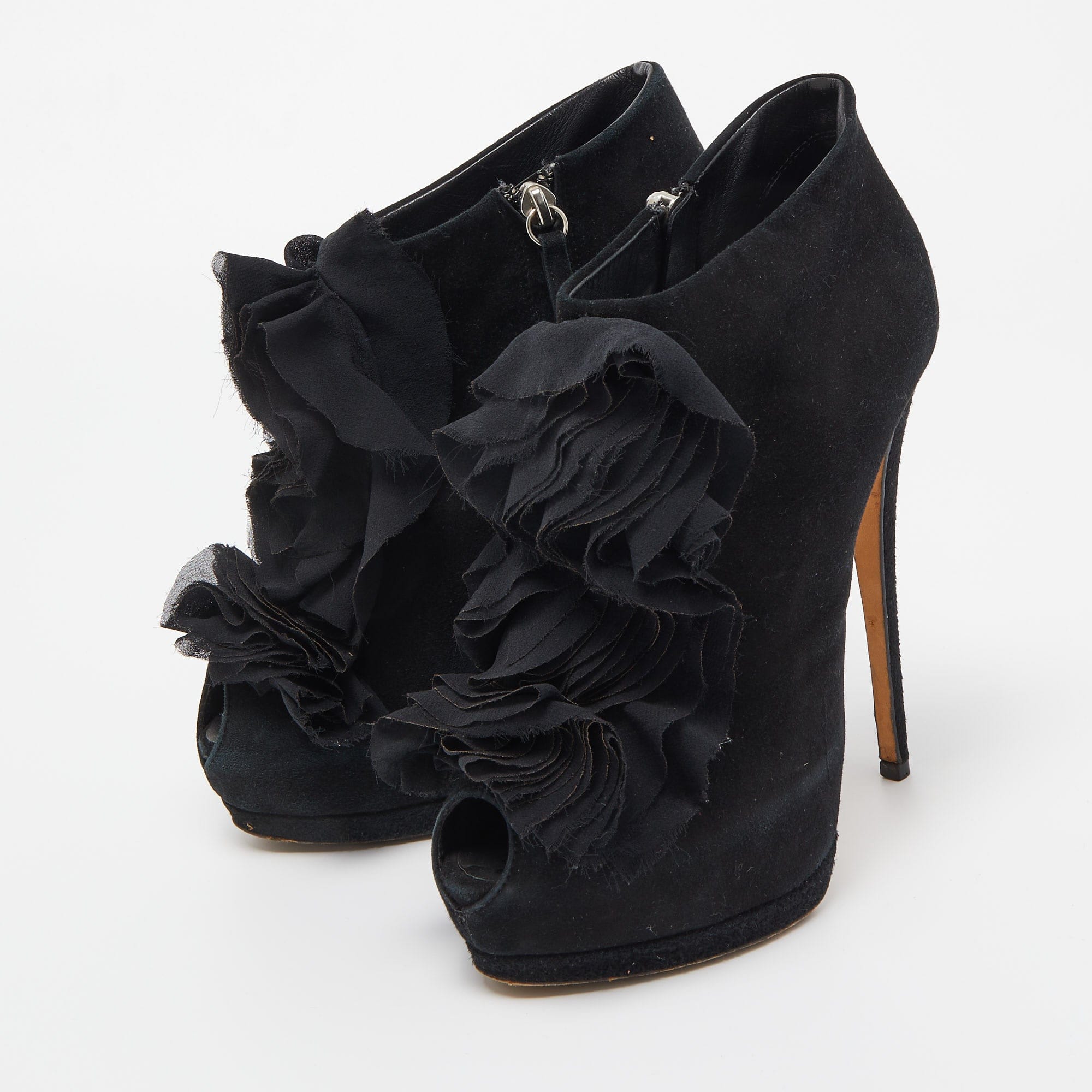 Giuseppe Zanotti Black Suede Frill Peep Toe Ankle Boots