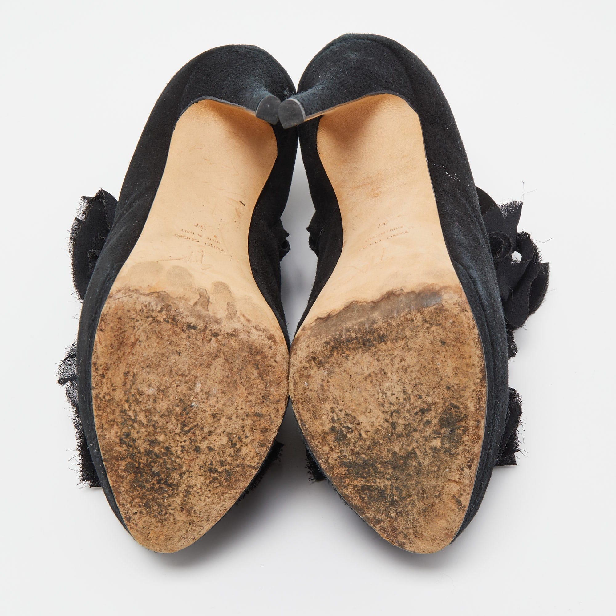 Giuseppe Zanotti Black Suede Frill Peep Toe Ankle Boots