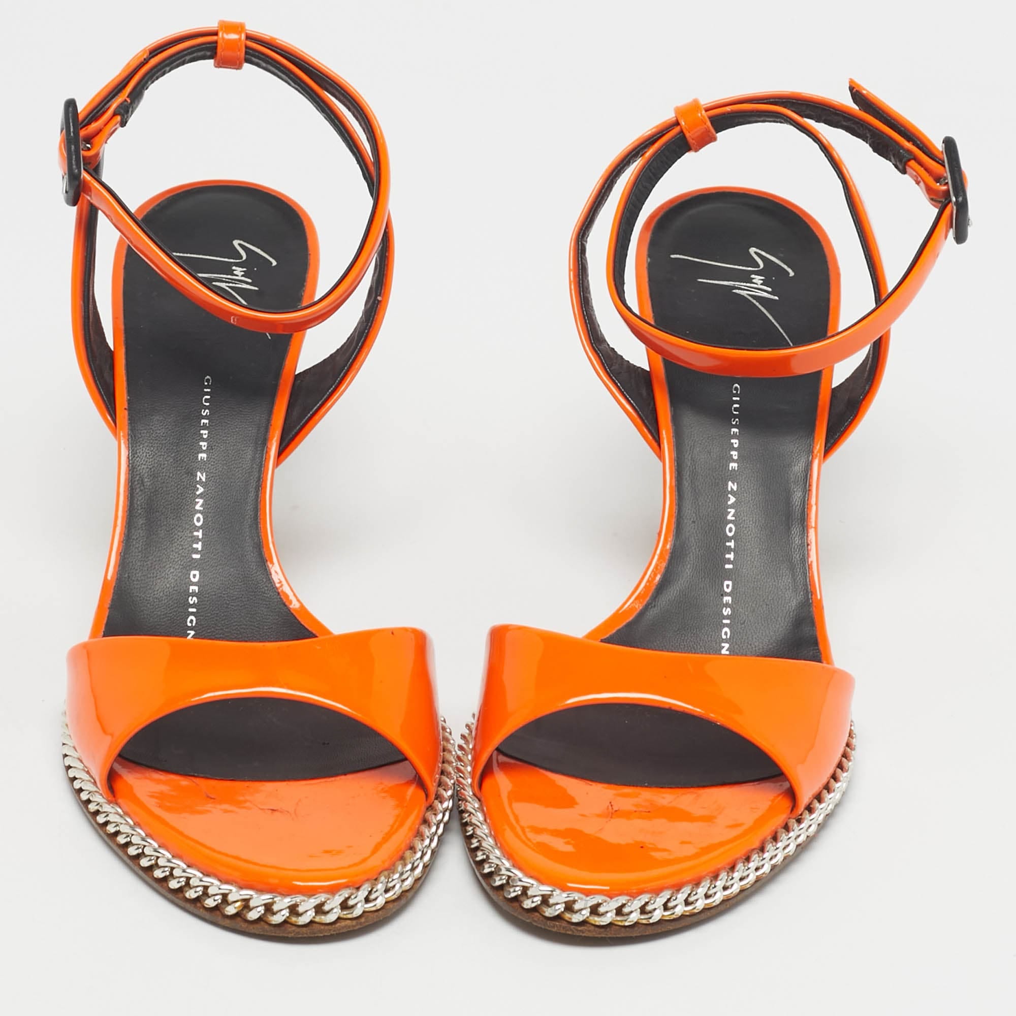 Giuseppe Zanotti Orange Patent Leather Chain Cork Wedge Ankle Strap Sandals