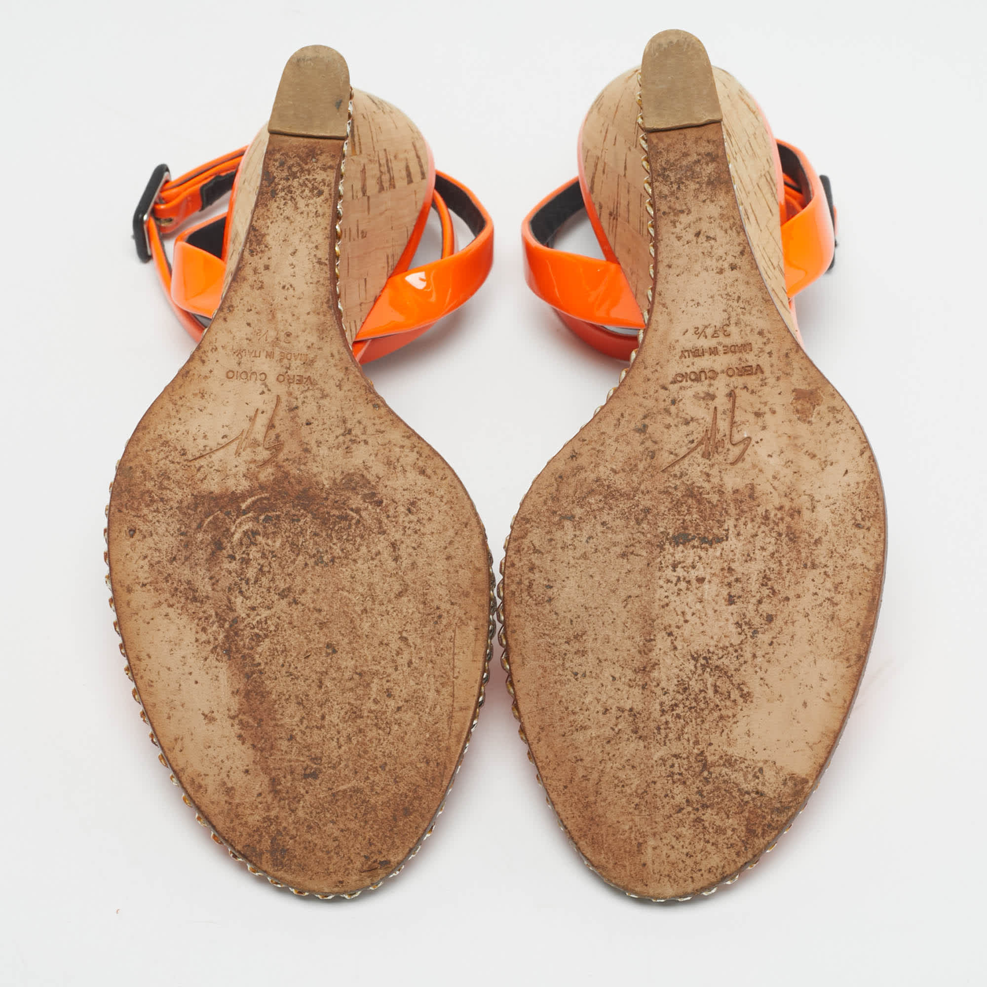 Giuseppe Zanotti Orange Patent Leather Chain Cork Wedge Ankle Strap Sandals