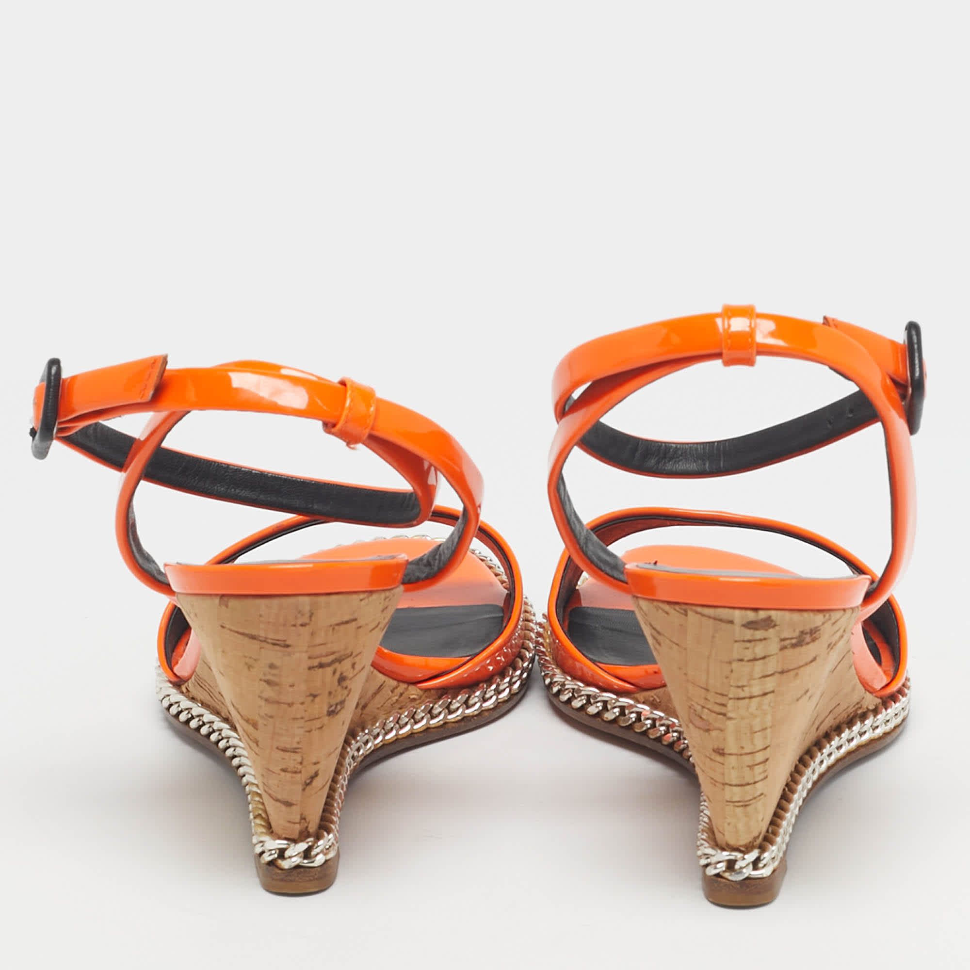 Giuseppe Zanotti Orange Patent Leather Chain Cork Wedge Ankle Strap Sandals