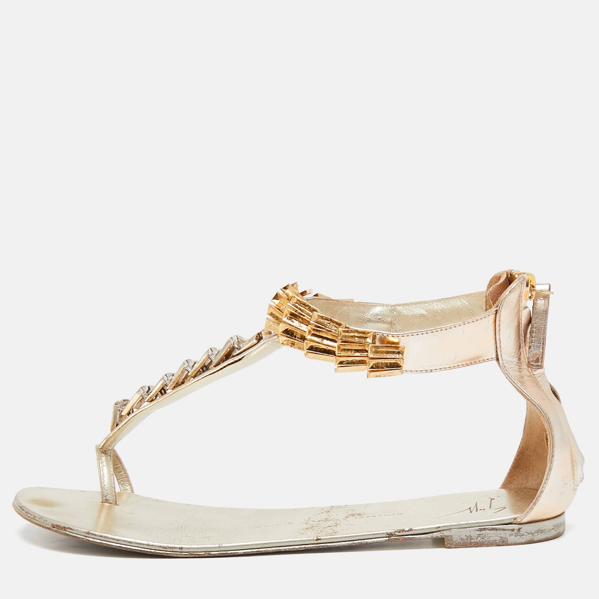 Giuseppe Zanotti Gold Leather Embellished Ankle Strap Flat Sandals