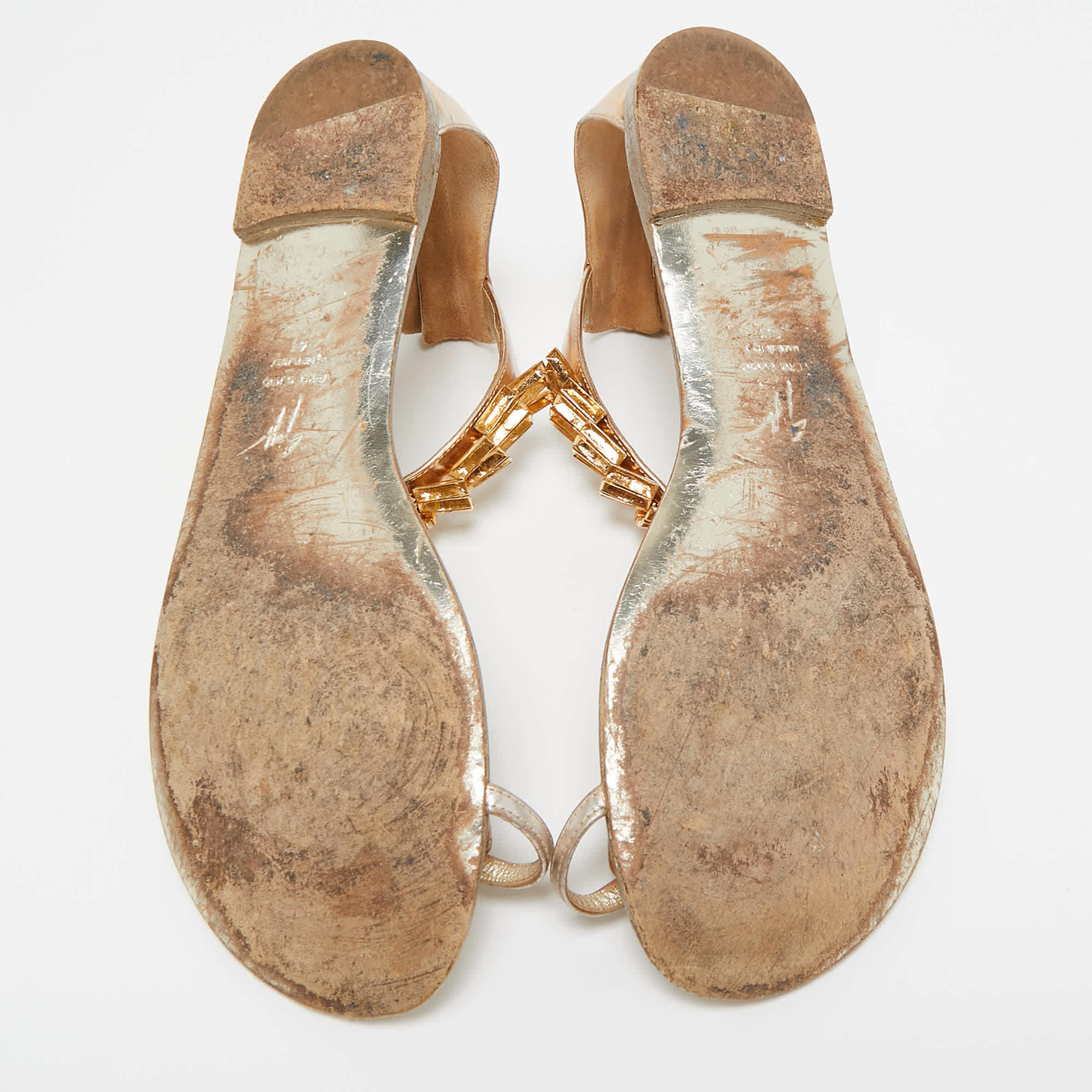 Giuseppe Zanotti Gold Leather Embellished Ankle Strap Flat Sandals
