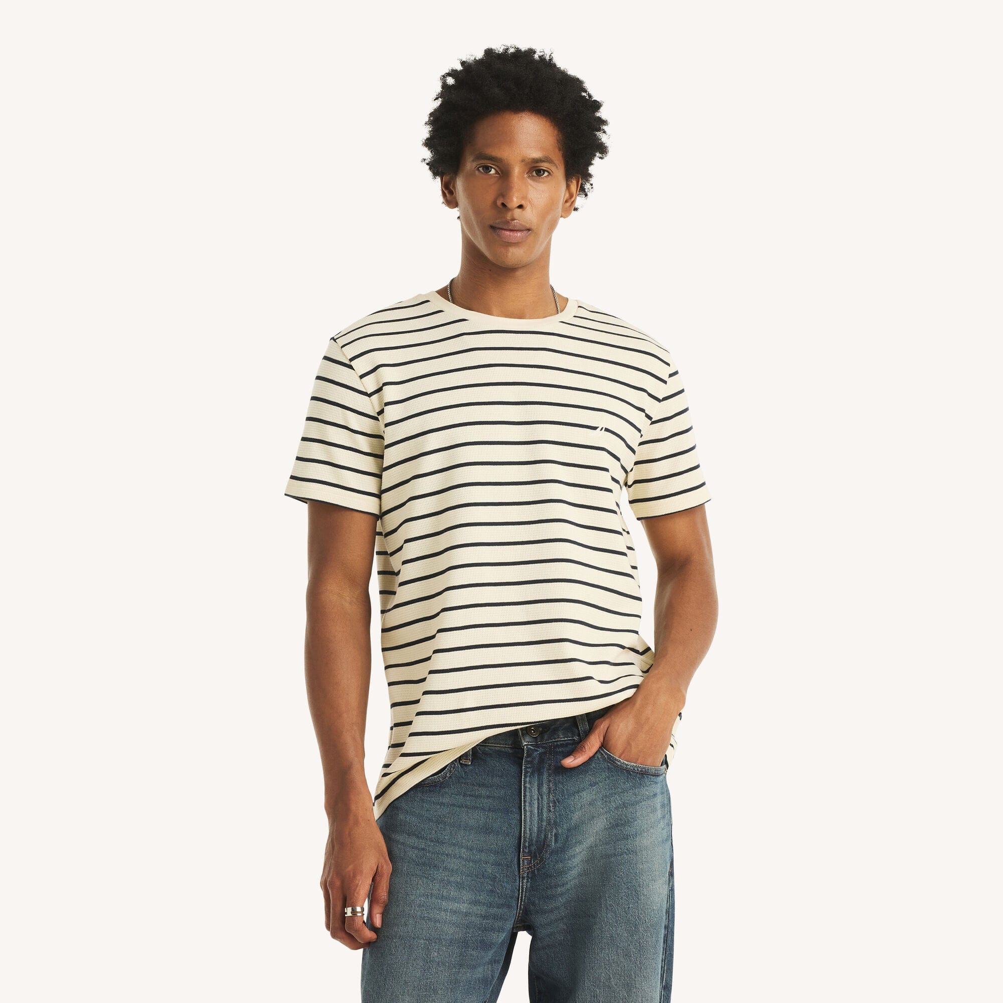 Nautica Mens Navigator Waffle Knit Striped Crewneck T - Shirt