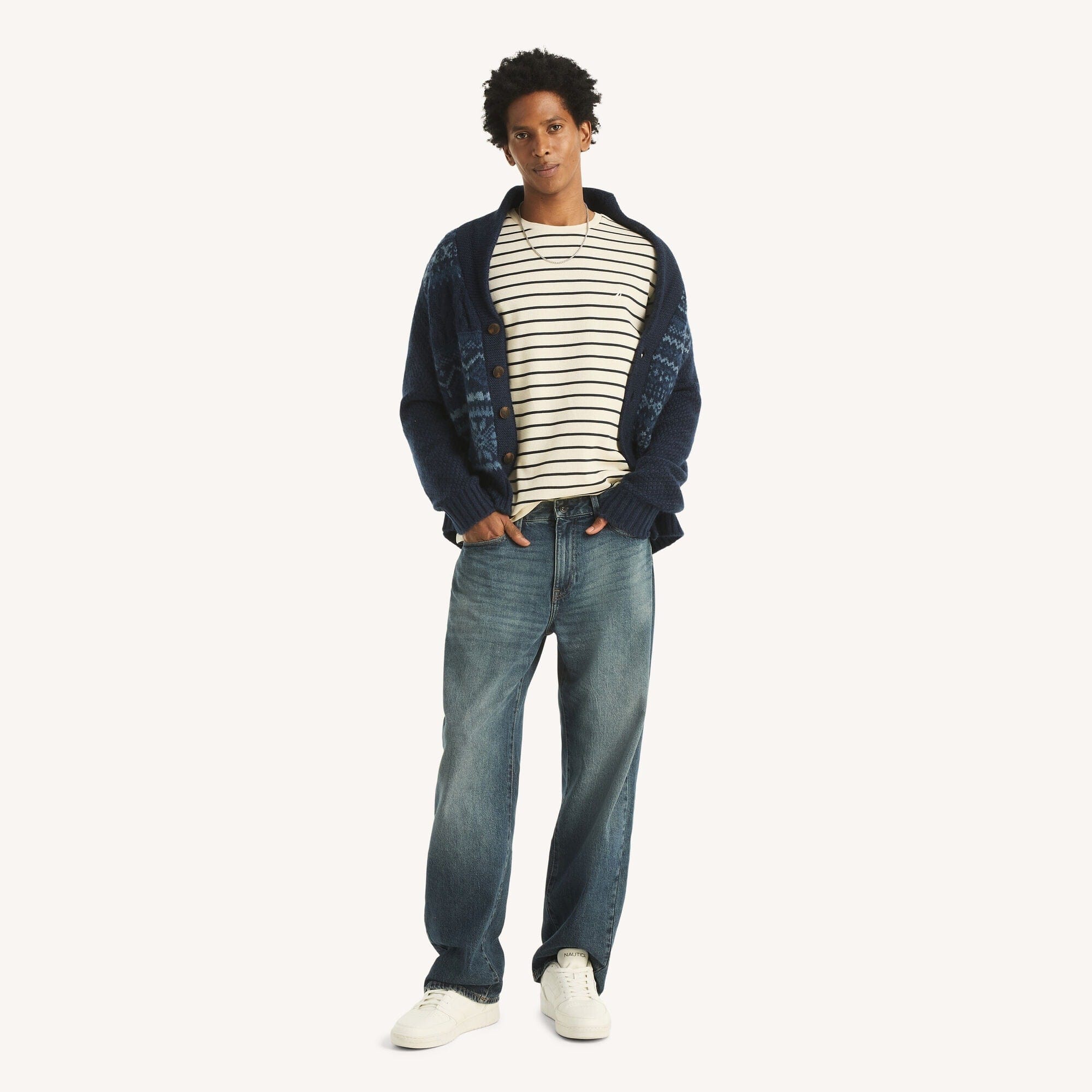 Nautica Mens Navigator Waffle Knit Striped Crewneck T - Shirt